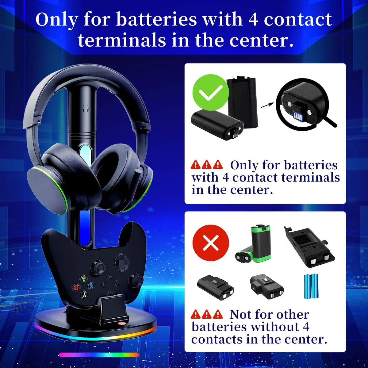 Caricabatterie per controller con supporto per cuffie RGB per Xbox Series X|S/One/One X/One S, XSX con 2 porte di ricarica USB, supporto per cuffie per stazione di ricarica Xbox, nero