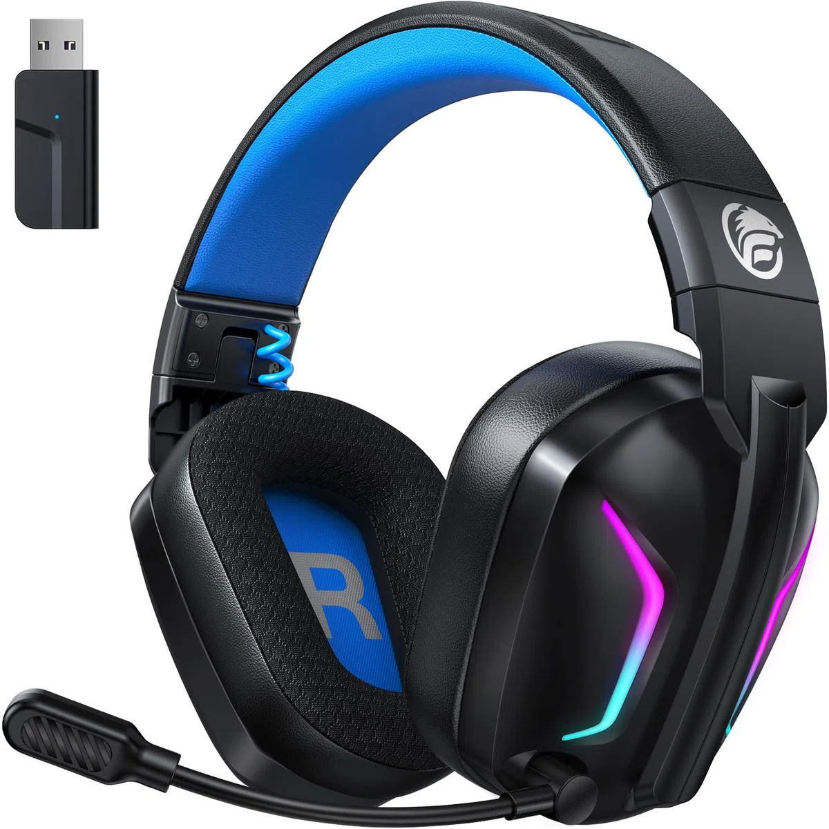 Fachixy FC300 Cuffie Gaming Wireless Per PC, PS5, PS4, Mac - 2,4 GHz e Bluetooth senza perdite - 50 ore di batteria, driver da 50 mm, luci RGB, audio spaziale, Blu