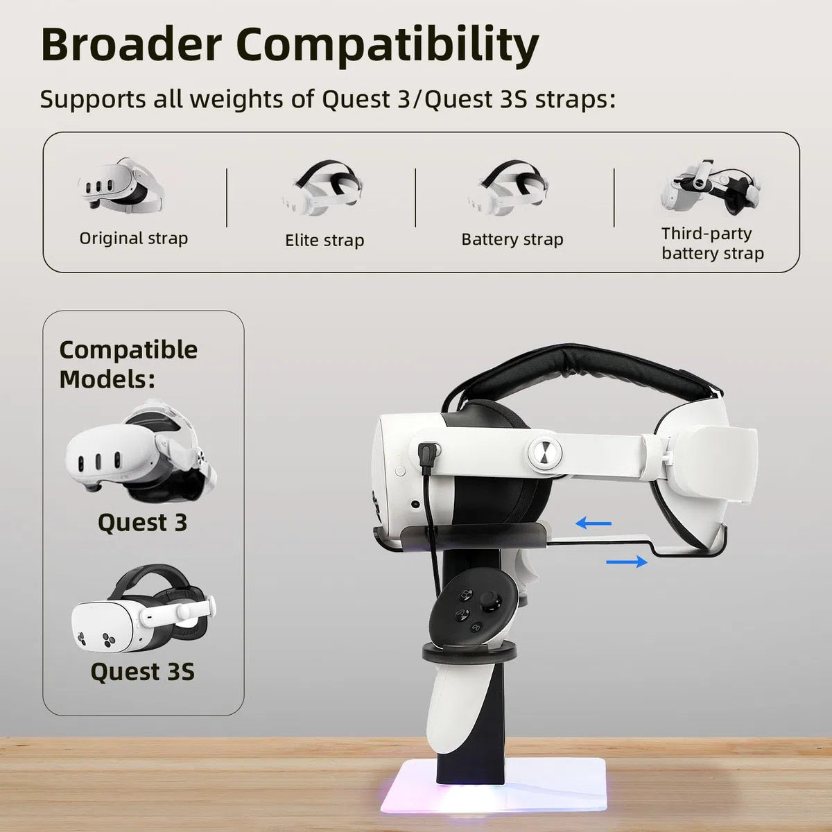Dock di ricarica Oculus/Meta Quest 3S/Quest 3/Quest 2/Quest Pro RGB LED verticale supporto VR cuffie bianco