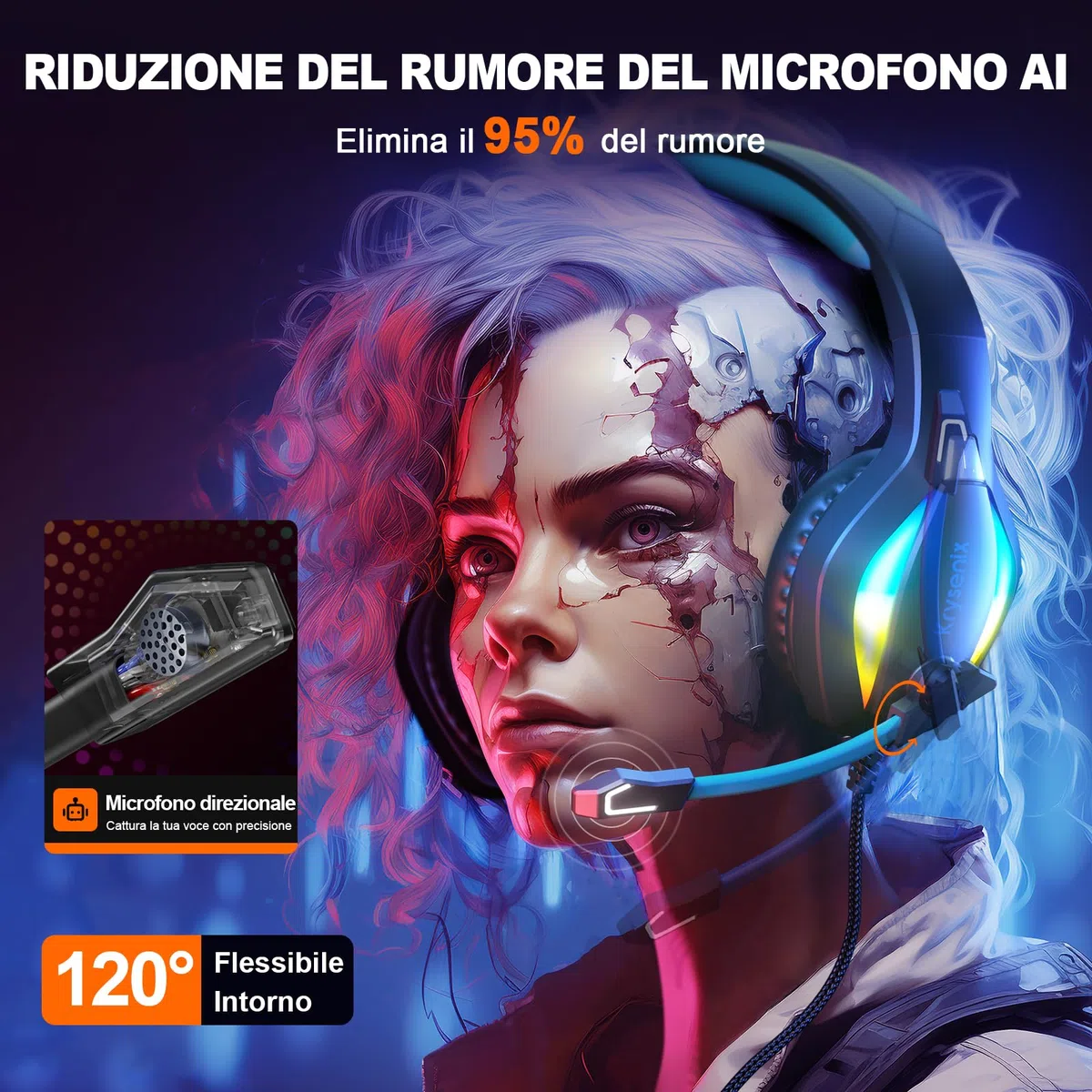 Krysenix PG1 Cuffie Gaming per PS4, PS5, PC, Nintendo Switch, Xbox, Cuffie con Microfono Stereo AI, Cuffie con jack da 3,5 mm e Luce RGB, Nero/Blu