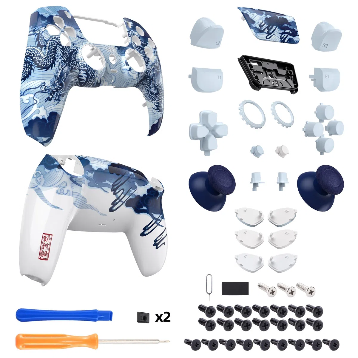 eXtremeRate LUNA Cover Tasti Ricambio per ps5 Joystick BDM-030/040/050,Shell Complete Ridisegnate per ps5 Controller,Pulsanti Set Levette Analogiche&Cacciavite-Porcellana Loong