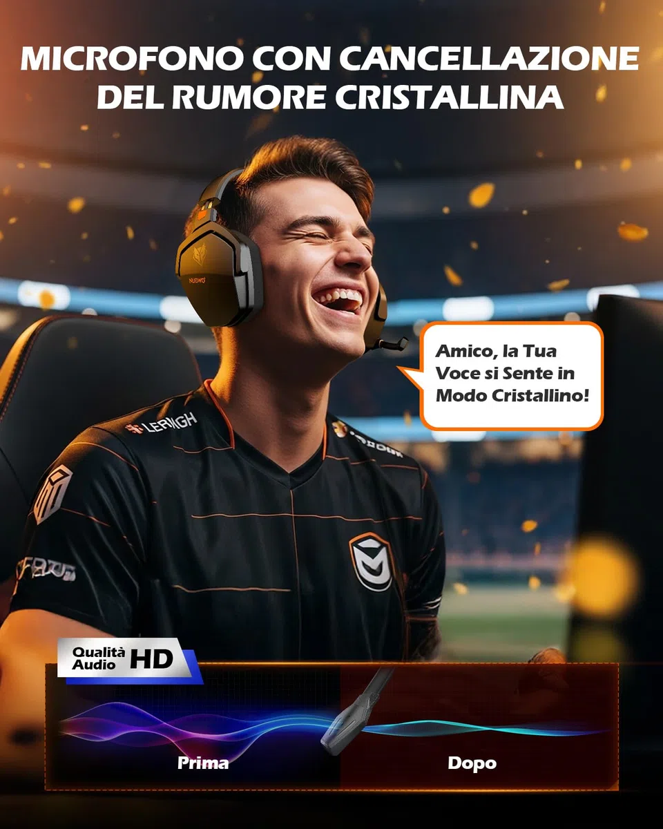 NUBWO G06 Cuffie Gaming Wireless 2.4GHz Bluetooth 5.3 Microfono 7.1 100+ Ore Arancio