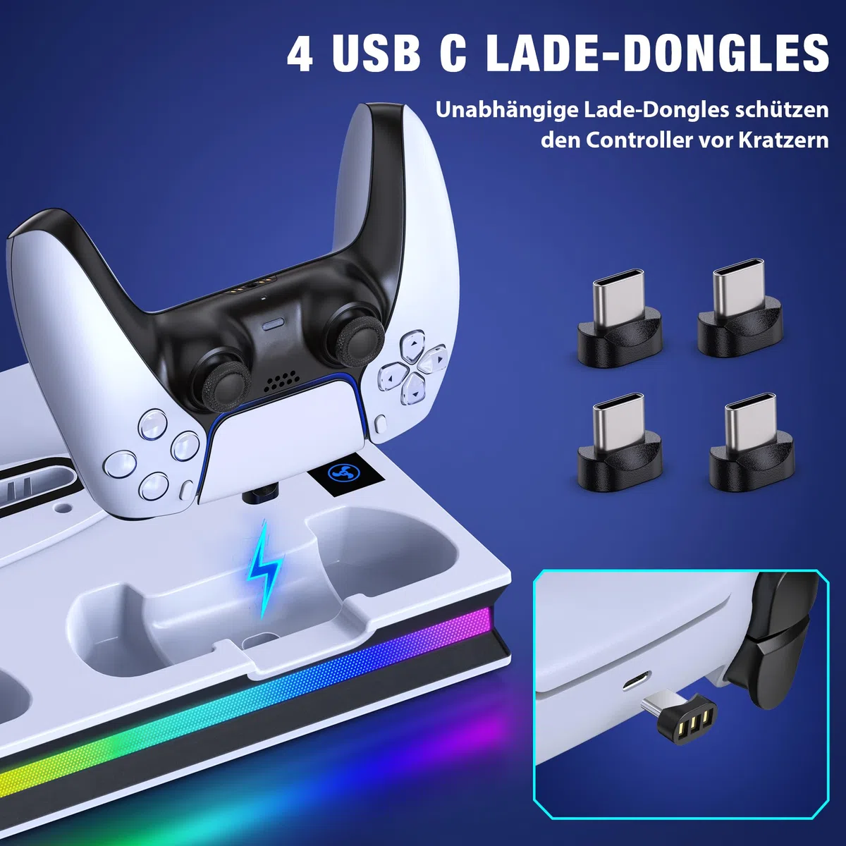 ALEEMTRY PS5 Support with LED Light, 3-Speed Fan, Joypad Charger, Headphone Hook, 4 USB-C Ports for PS5 Slim/Pro