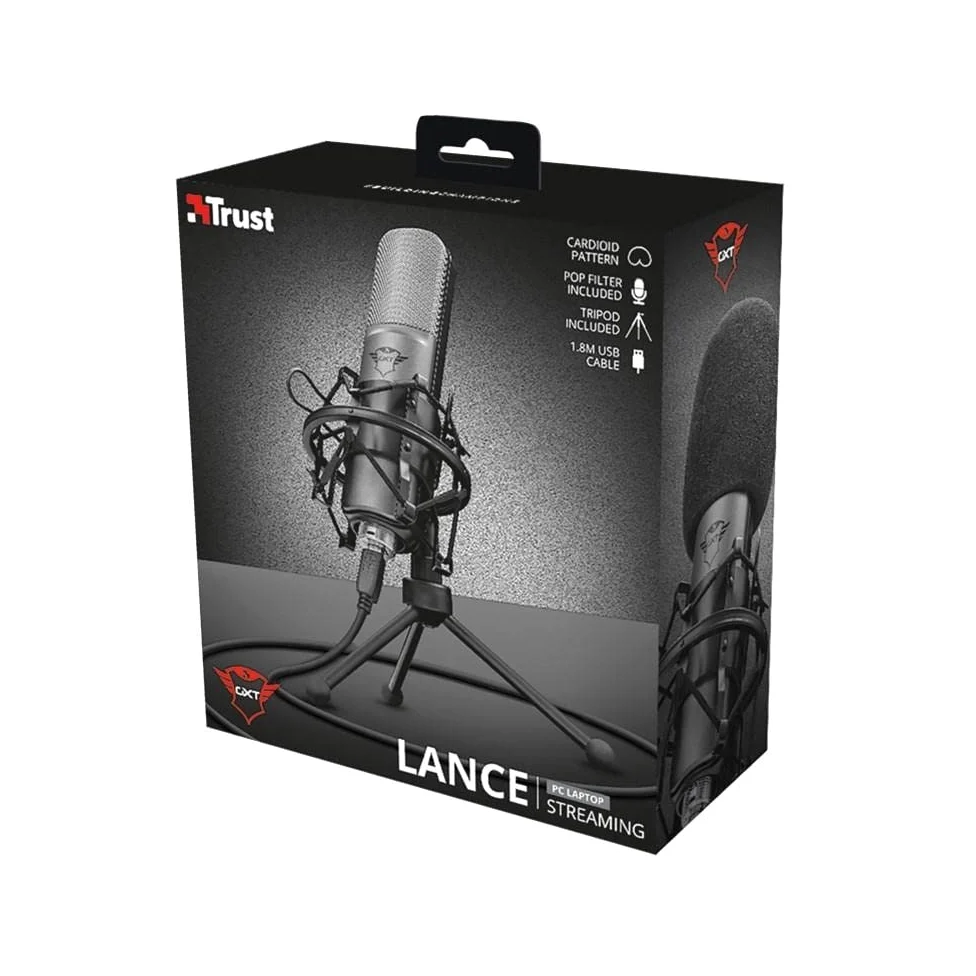 Trust Gaming GXT 242 Lance Microfono Streaming con Supporto, Microfono USB Cardioide per PC, Laptop, PS4, PS5, Streaming, Cantare, ASMR, Podcast, Registrazione, Twitch, YouTube - Nero