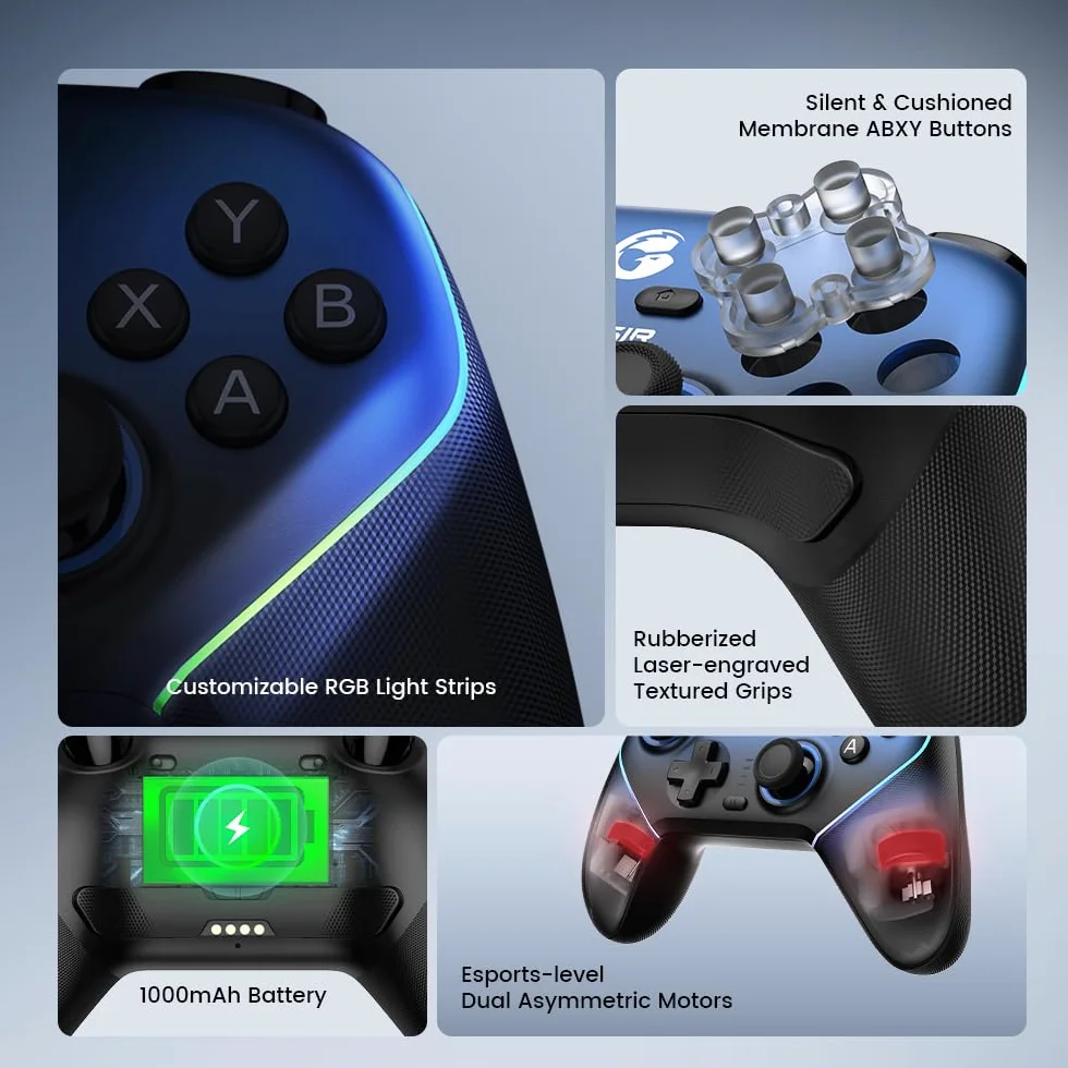 GameSir Super Nova Controller Wireless con Base di Ricarica – Stick Hall Effect, Grilletti Regolabili – Switch/Switch 2 Gyro, PC, Mobile – Nightfall Blue