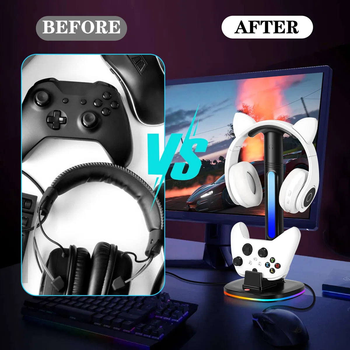 Caricabatterie per controller con supporto per cuffie RGB per Xbox Series X|S/One/One X/One S, XSX con 2 porte di ricarica USB, supporto per cuffie per stazione di ricarica Xbox, nero
