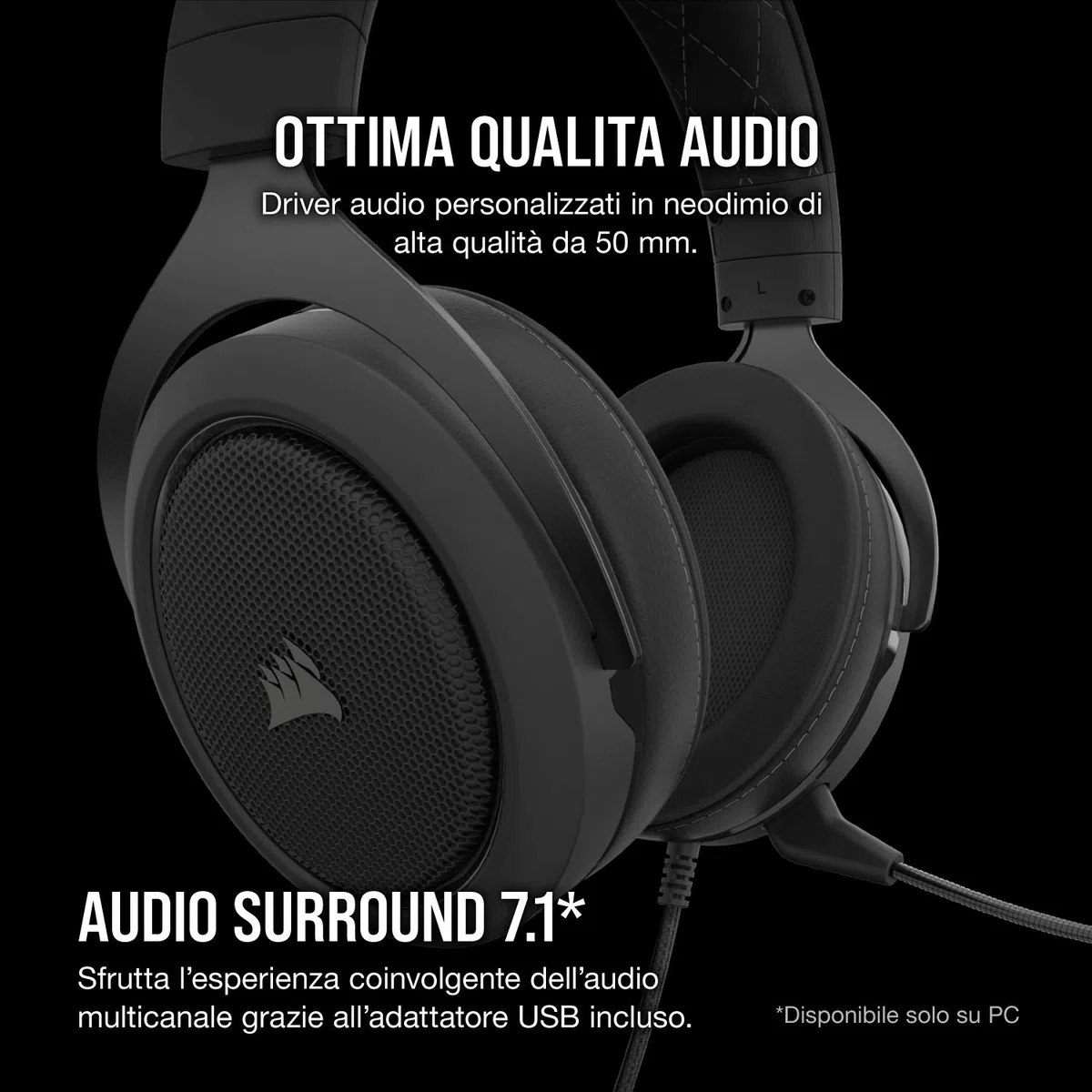 Corsair HS60 Pro Surround Cuffie Gaming con Microfono, Audio 7.1, Memory Foam, Rumore, Nero