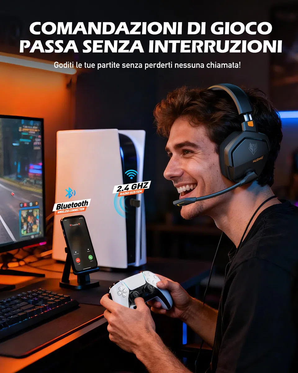 NUBWO G06 Cuffie Gaming Wireless 2.4GHz Bluetooth 5.3 Microfono 7.1 100+ Ore Arancio