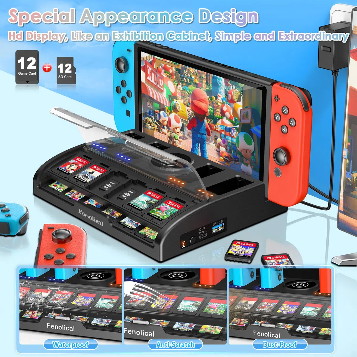 Fenolical Switch TV Dock Station compatibile con Nintendo, stazione di ricarica HDMI 4K/1080P con 12 posti di gioco