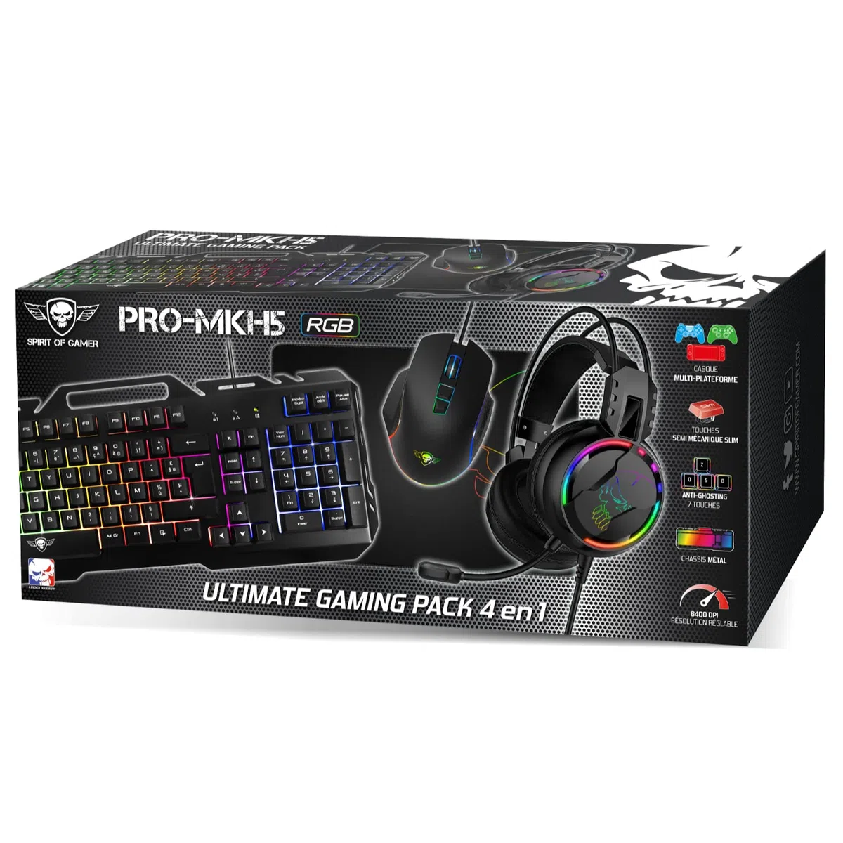 SPIRIT OF GAMER Pro-MKH5 - Kit Gaming 4 in 1 - Tastiera RGB AZERTY Anti-Ghosting, Mouse 7 Pulsanti 6400 DPI, Cuffie, Tappetino Antiscivolo - Compatibile con PC PS4 PS5 Xbox One Mac