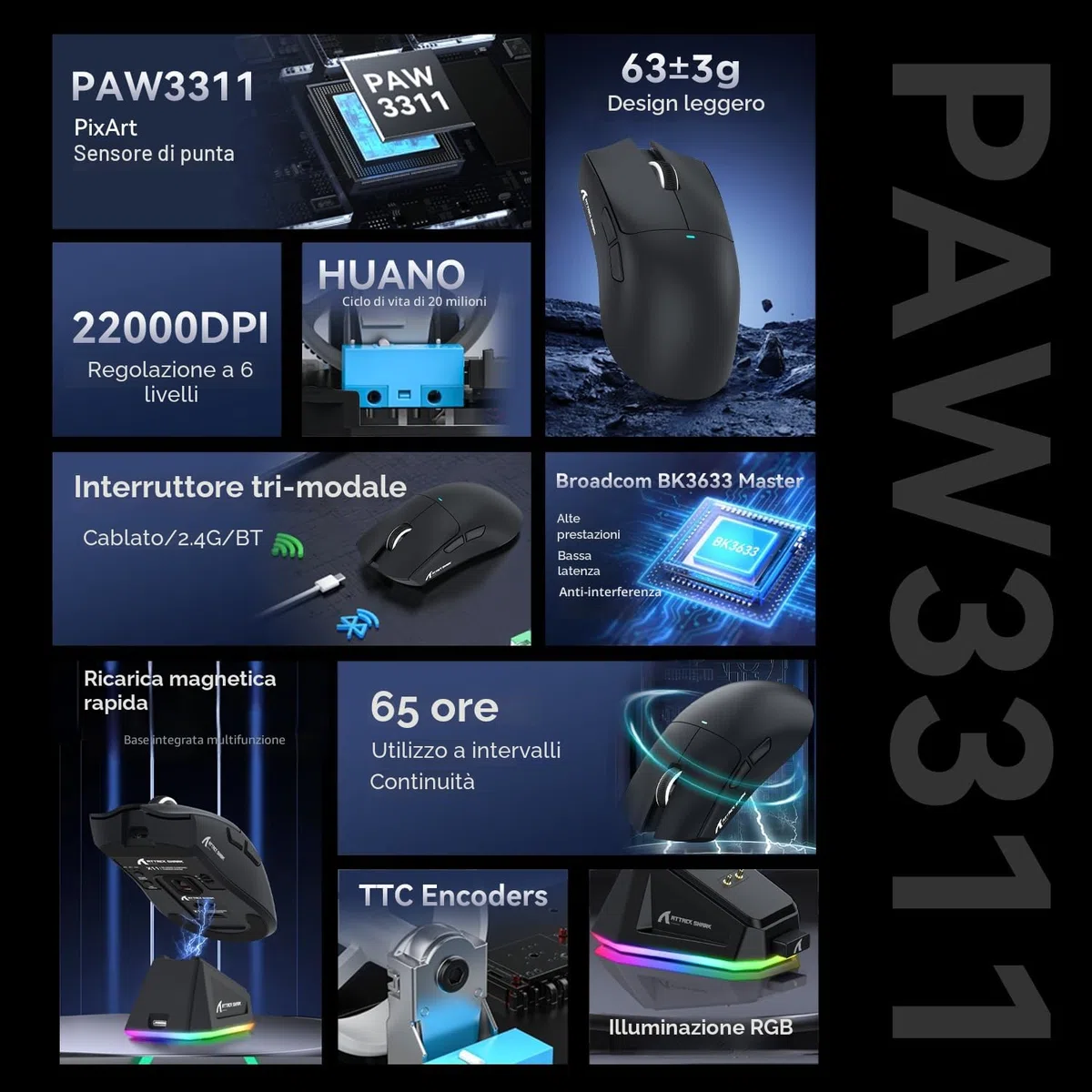 ATTACK SHARK X11 Gaming Mouse PixArt PAW3311 22000 DPI Wireless Wired BT 2.4G Black