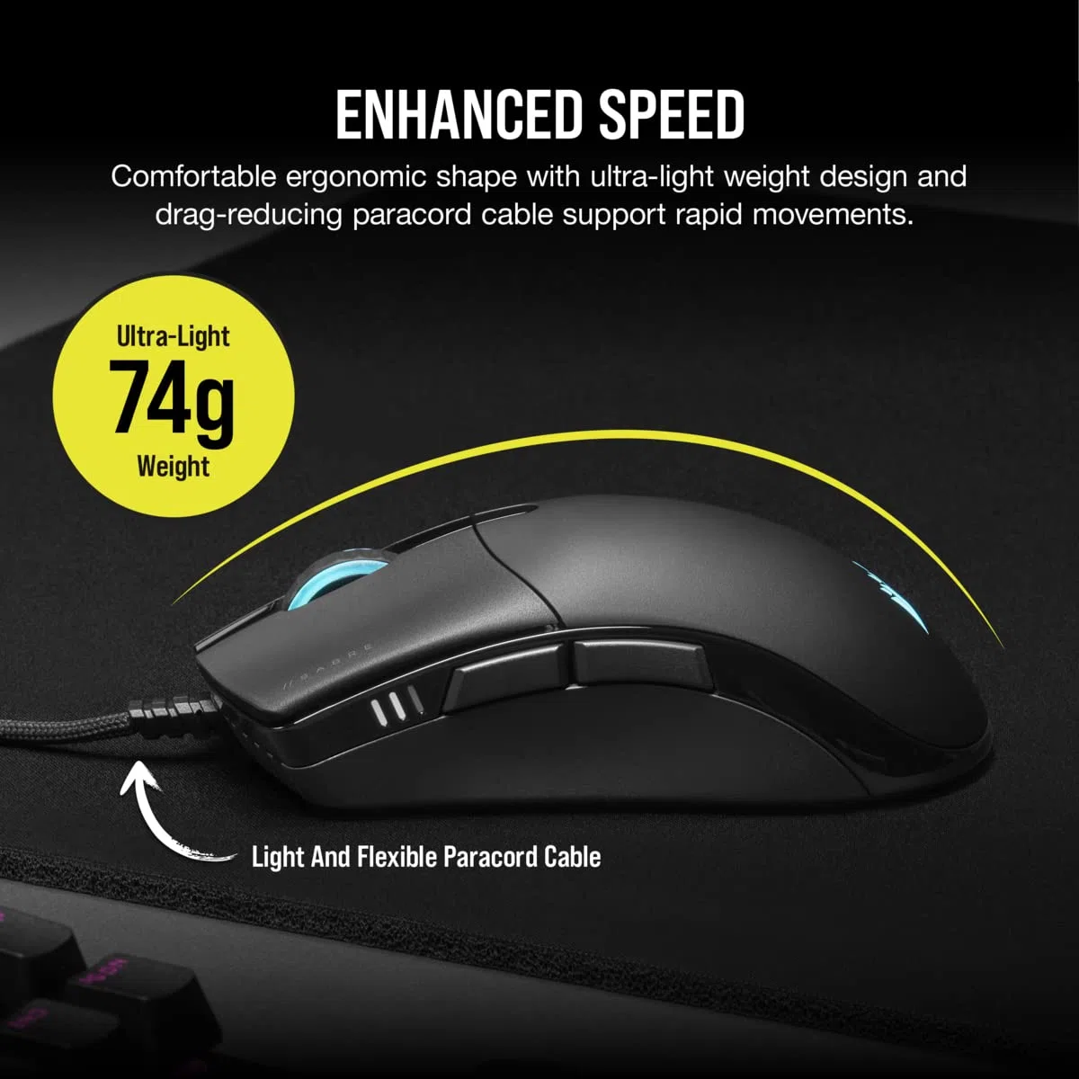 Corsair SABRE RGB PRO CHAMPION SERIES Mouse Gaming Ergonomico Leggero 74 g Cavo Paracord QUICKSTRIKE Nero