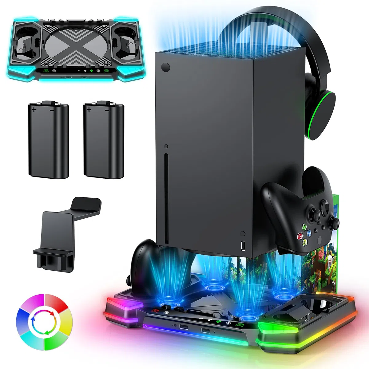 Stazione di Caricamento e Ventola di Raffreddamento per Xbox Series X con 11 Illuminazione RGB, 2x1400 mAh Batterie Ricaricabili e Supporto