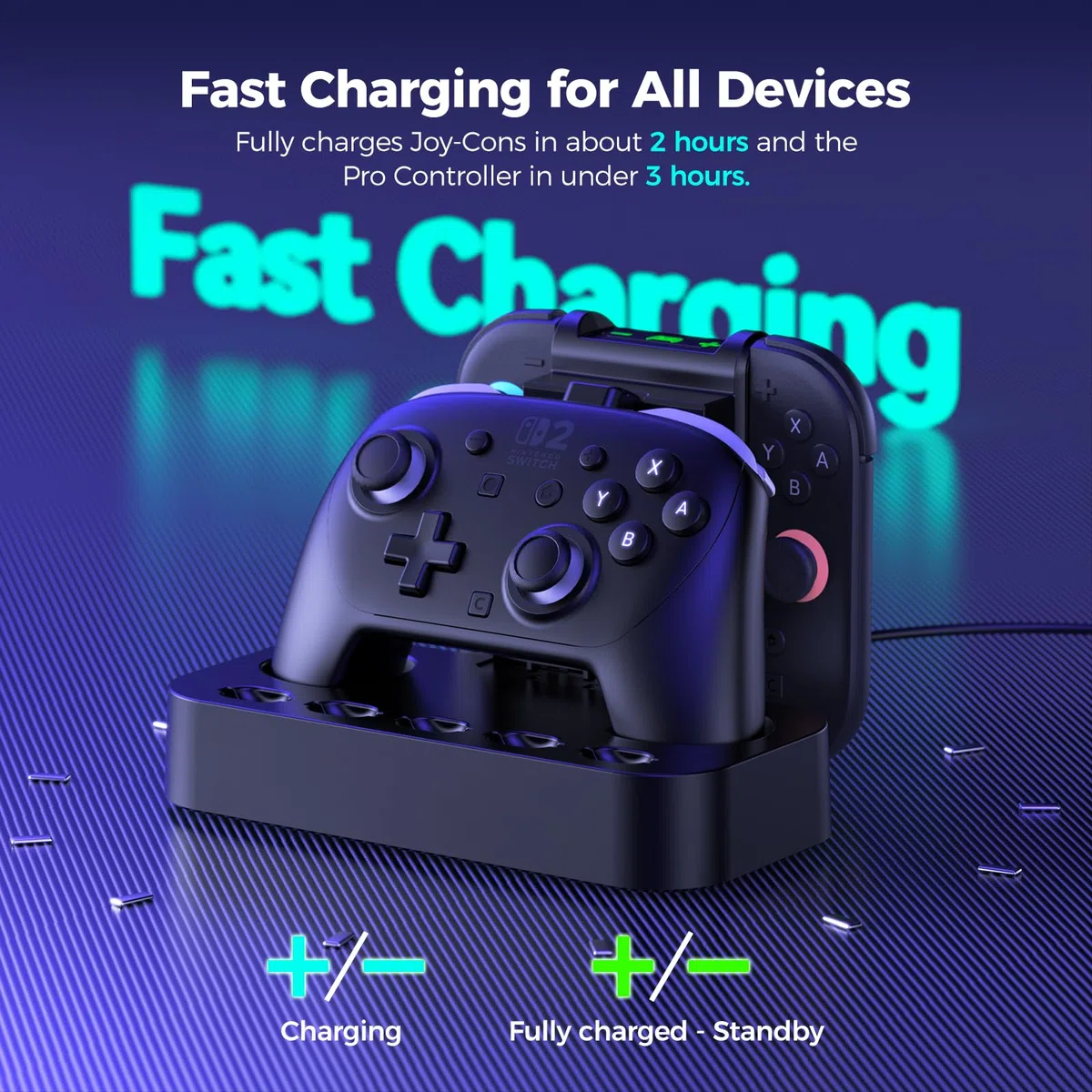 NEWDERY Stazione di ricarica controller per Nintendo Switch 2, stazione di ricarica magnetica rapida Joy con 5 giochi di stoccaggio spazio e indicatore LED, base antiscivolo