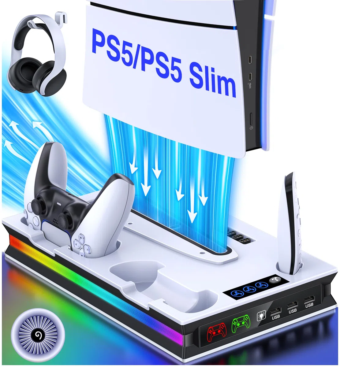 ALEEMTRY PS5 Support with LED Light, 3-Speed Fan, Joypad Charger, Headphone Hook, 4 USB-C Ports for PS5 Slim/Pro