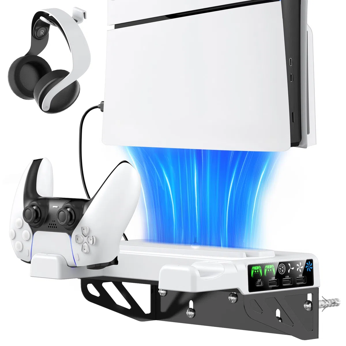 Tokluck Supporto per PS5/SLIM/PRO Parete, Supporto P5 con Raffreddamento, Base di Ricarica Controller PS5 con Ventola PS5 e Support per Cuffie