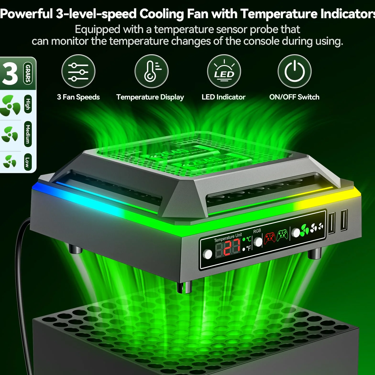 Ventola per Xbox Series X 3 Velocità, Base di Ricarica con Batterie Ricaricabili 2×2640 mWh, Raffreddamento Console con Indicatore Temperatura LED