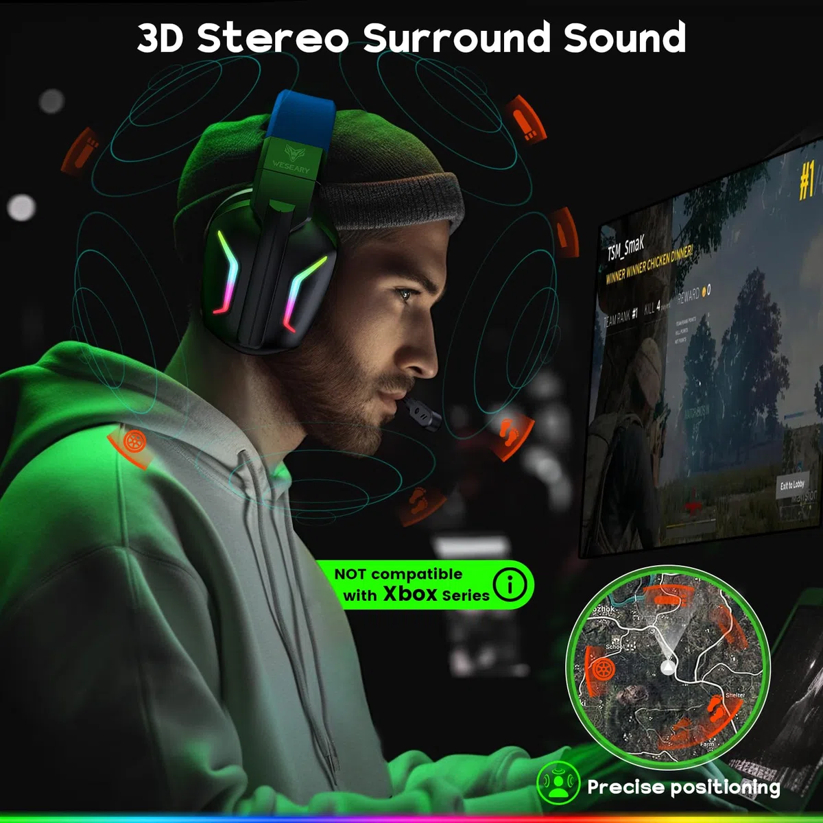 WESEARY WG1 Cuffie Gaming Wireless, 2,4 GHz Cuffie Gaming con Microfono per PS5, PS4, PC, Switch, Mac, Mobile, Cuffie per PS5 con Stereo, Cuffie Bluetooth Over Ear con Luce LED, Batteria da 50 Ore