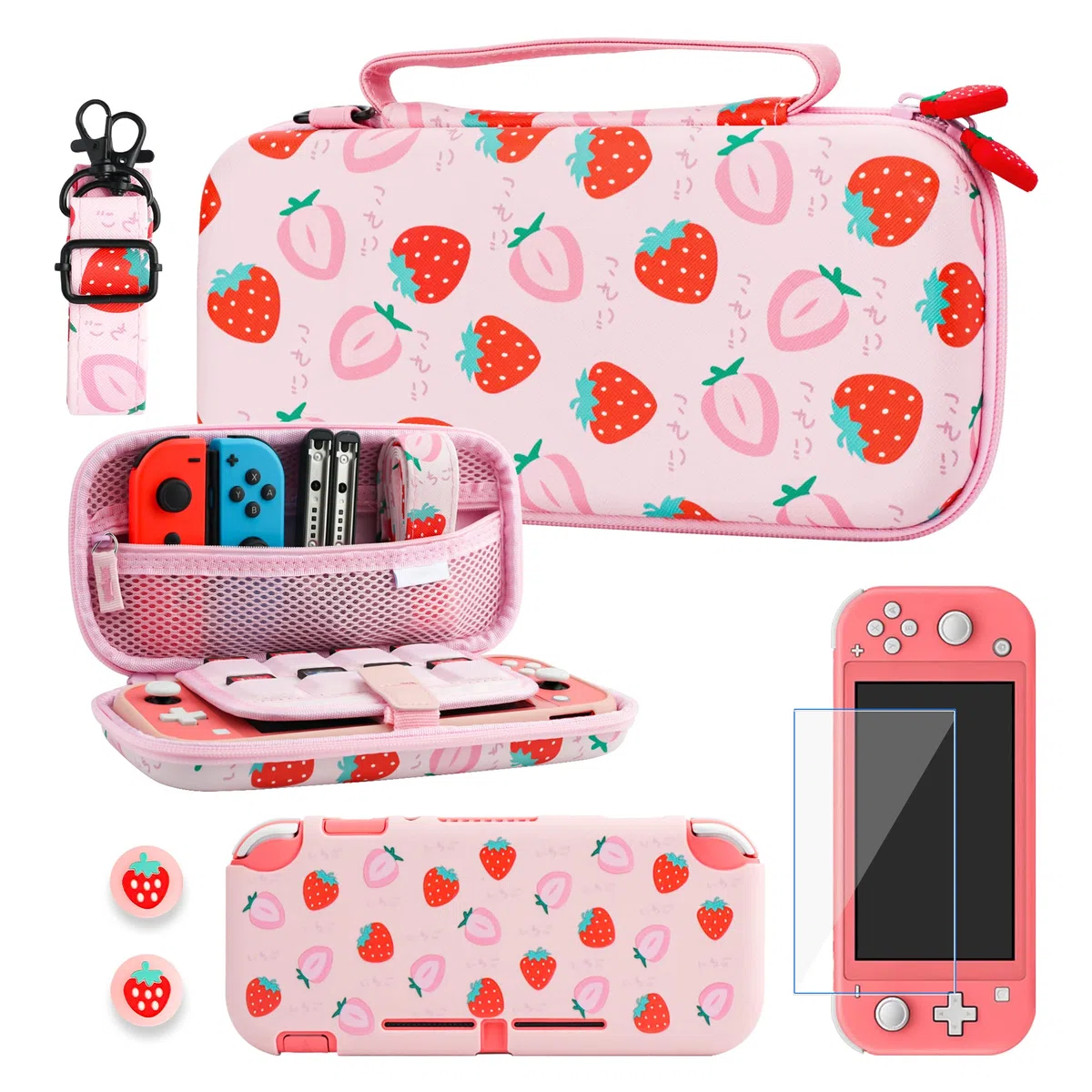 RHOTALL Custodia per Nintendo Switch Lite, graziosa custodia per Switch Lite con guscio protettivo in TPU, tracolla regolabile, protezione schermo e 2 tappi per pollice, fragola