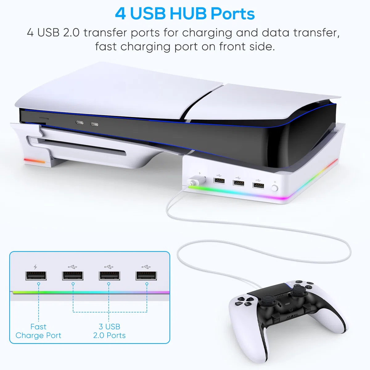 Supporto orizzontale RGB per PS5 Pro/PS5 Slim con 4 porte USB