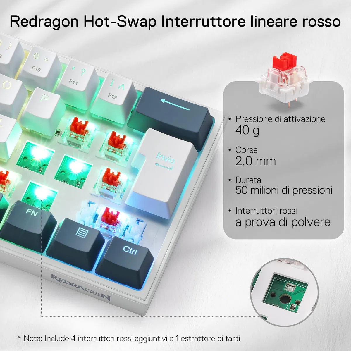 Redragon K617 Fizz 60% Wired RGB Gaming Tastiera Meccanica, 62 Tasti Hot-Swap, Interruttori Rossi Lineari, Layout Italiano QWERTY