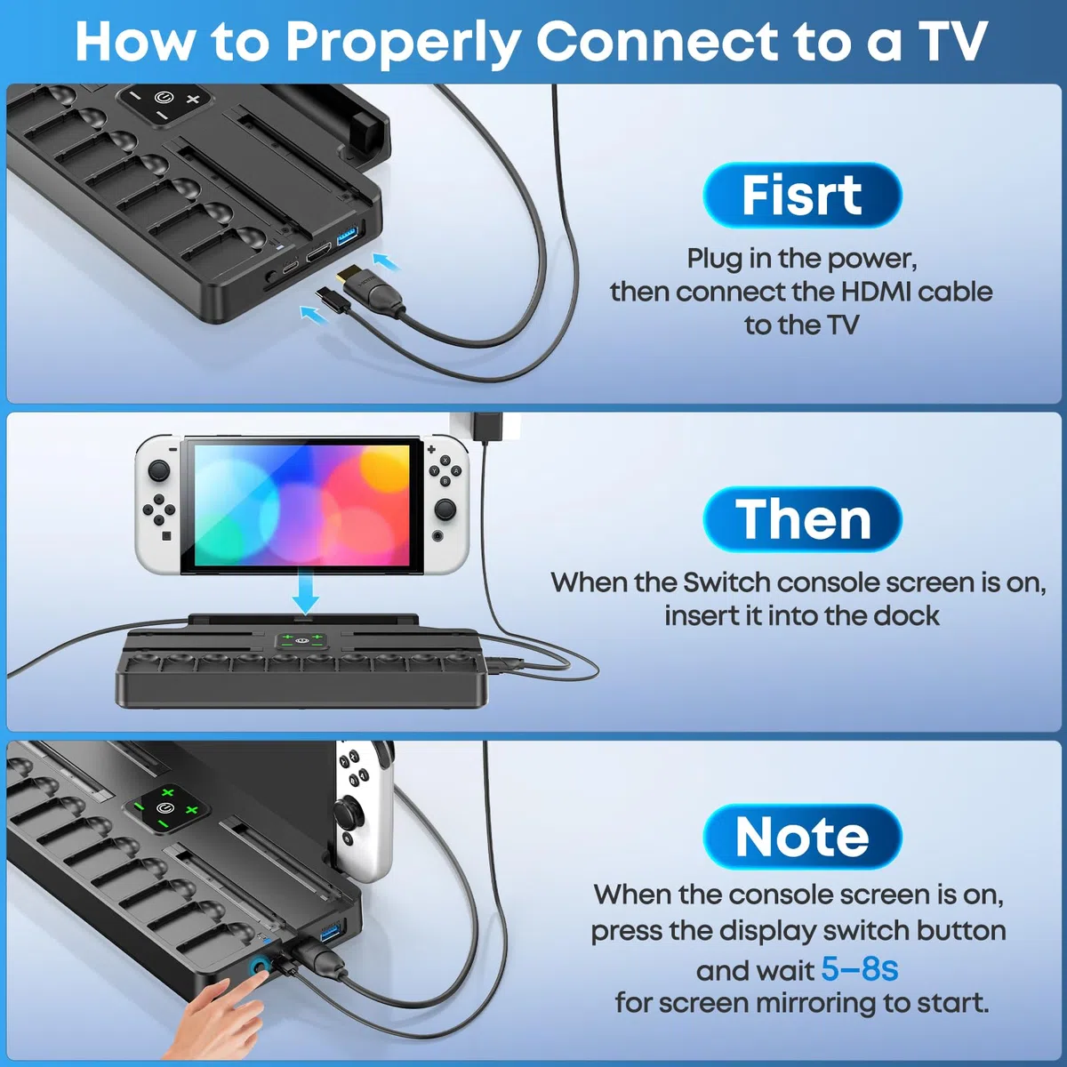 Switch TV Dock con Caricatore per Joycon, Dock per Nintendo Switch/OLED, Base di Ricarica per Joycon Switch con 4K HDMI, Porta USB 3.0 e Organizer per 10 Gioco Switch
