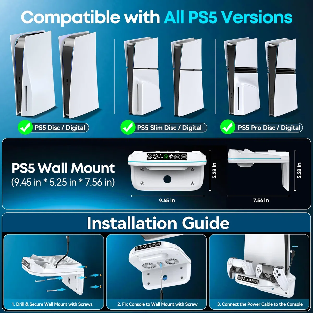 Supporto da Parete per PS5/Slim/Pro con Ventola e Caricatore per Controller, Ventola Raffreddamento PS5 con 3 Velocità e Luce RGB, Base di Ricarica PS6 Accessori con Gancio per Cuffie
