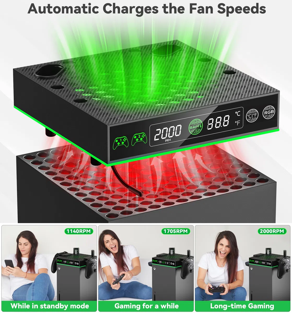 Ventola Raffreddamento Automatica per Xbox Series X & S, 9 Modalità Illuminazione RGB, 4800 mWh Batterie Ricaricabili, Accessori Xbox Series X