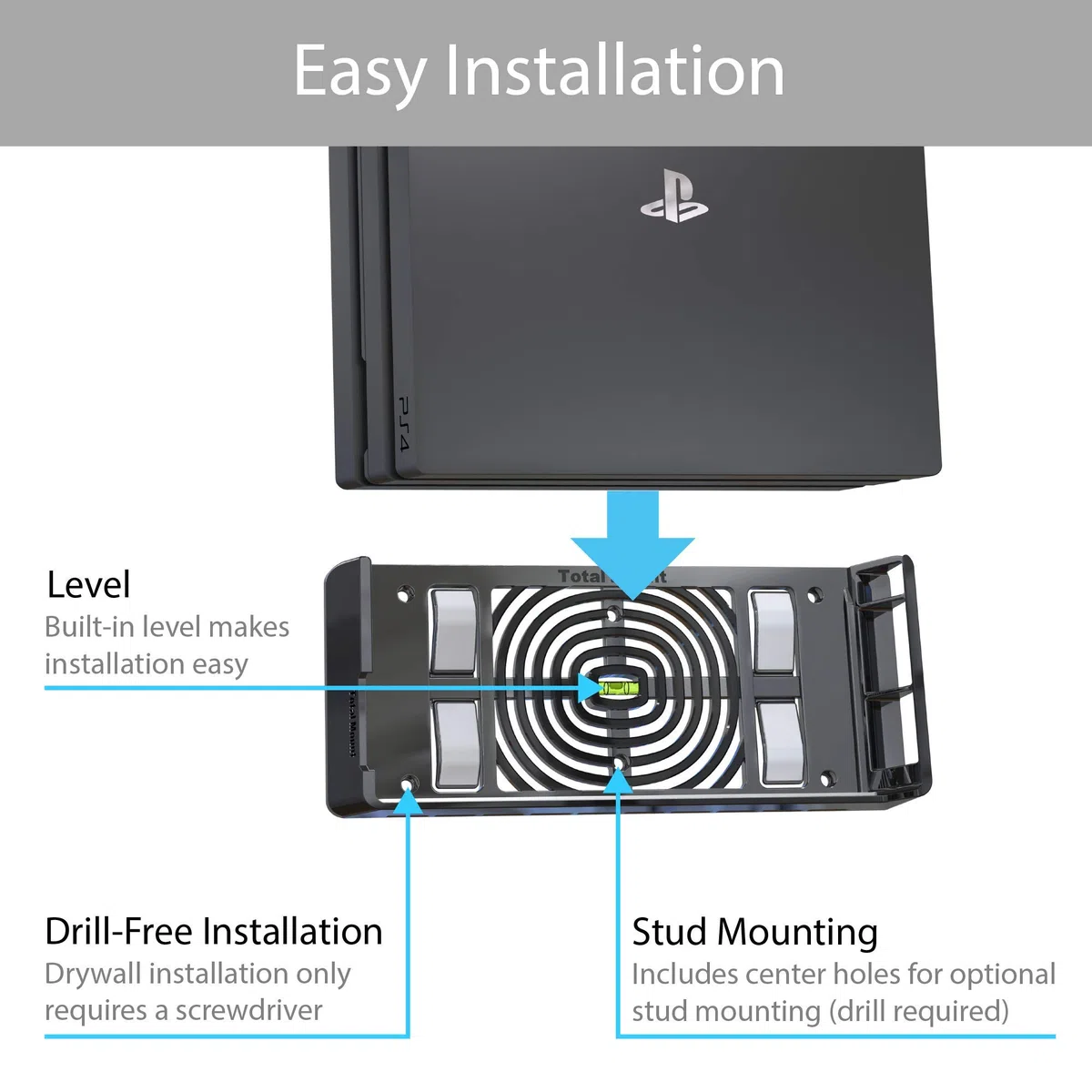 Innovelis TotalMount Staffa da parete PlayStation 4 Pro con livella a bolla d'aria, Nero
