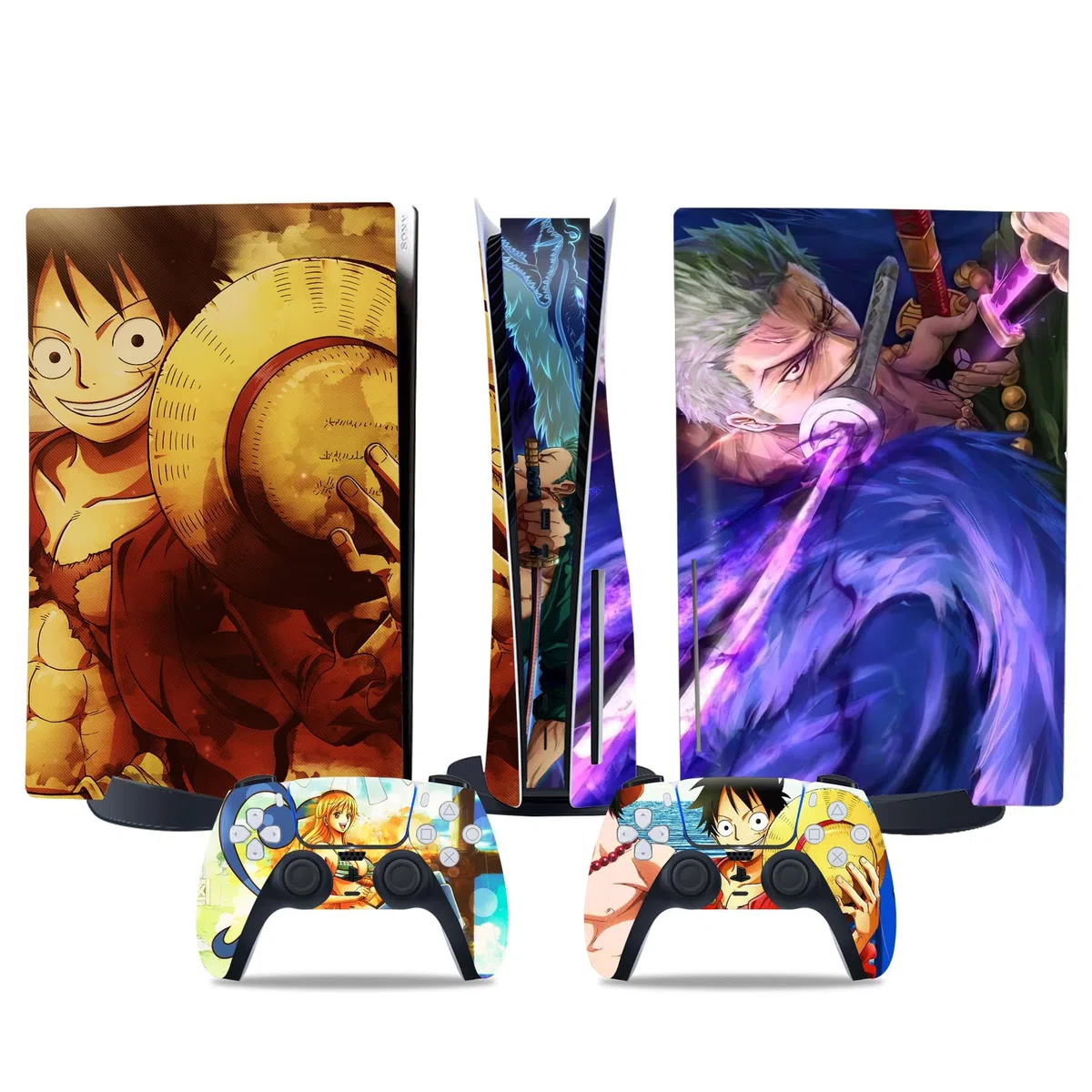 MaD Vision® Extra-Durable Skin Kit per PlayStation 5 (PS5) Disc | Set di Pellicole Adesive in Vinile Opaco per la Console e 2 Controller - per Anime|OnePiece Manga Design