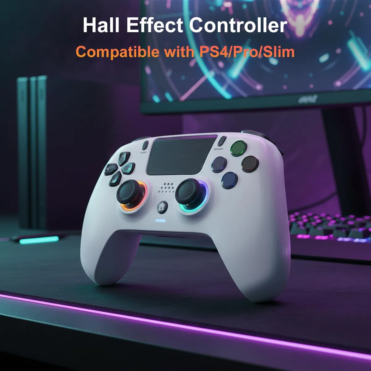 DoJoZone Wireless Controller Compatibile con PS4/Pro/Slim, Joystick con Hall Effect Trigger/Stick (NO Drift), Luci RGB, Jack Cuffie, Pulsanti Programmabili, Vibrazione, Sensore 6 Assi