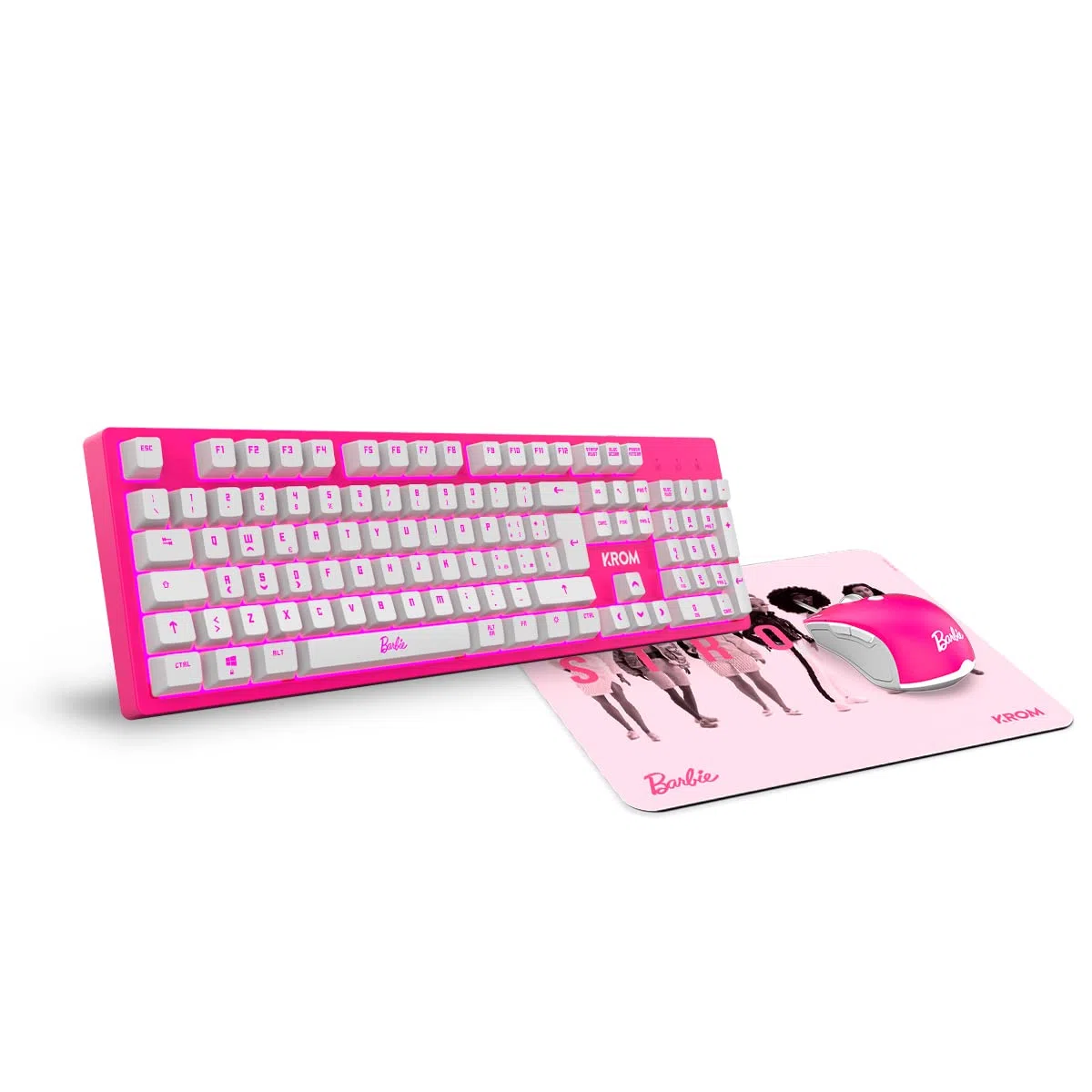 KROM BARBIE KANDY - Tastiera a Membrana LED Bianca, Mouse Sensore ottico 6400 DPI, Tappetino per mouse in gomma morbida e resistente, layout italiano, colore rosa