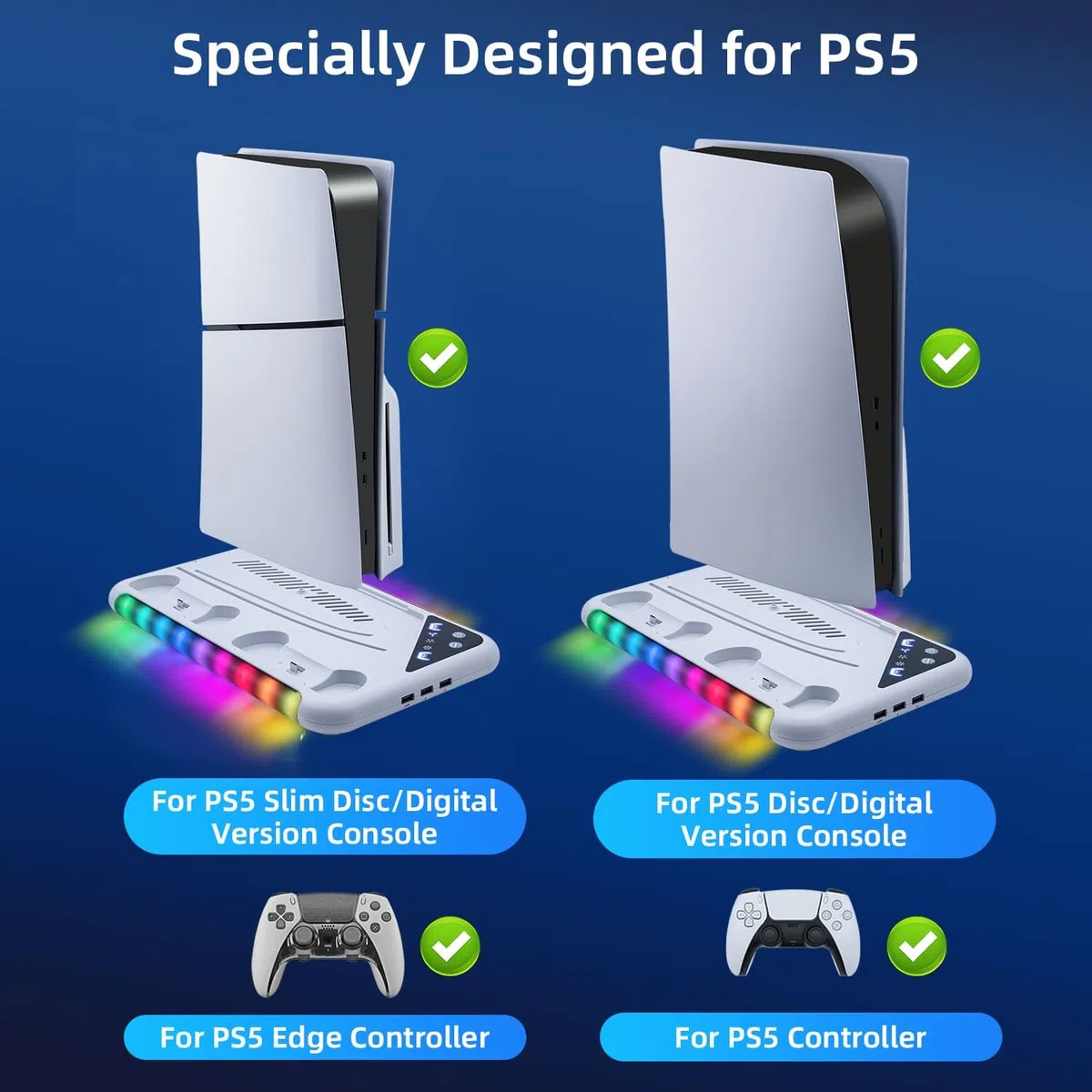 Supporto con ventola per console PS5 Slim/PS5, stazione di ricarica per DualSense/Edge Controller con 9 luci RGB, supporto per cuffie e 3 hub USB per PS5 UHD e Digital-Bianco