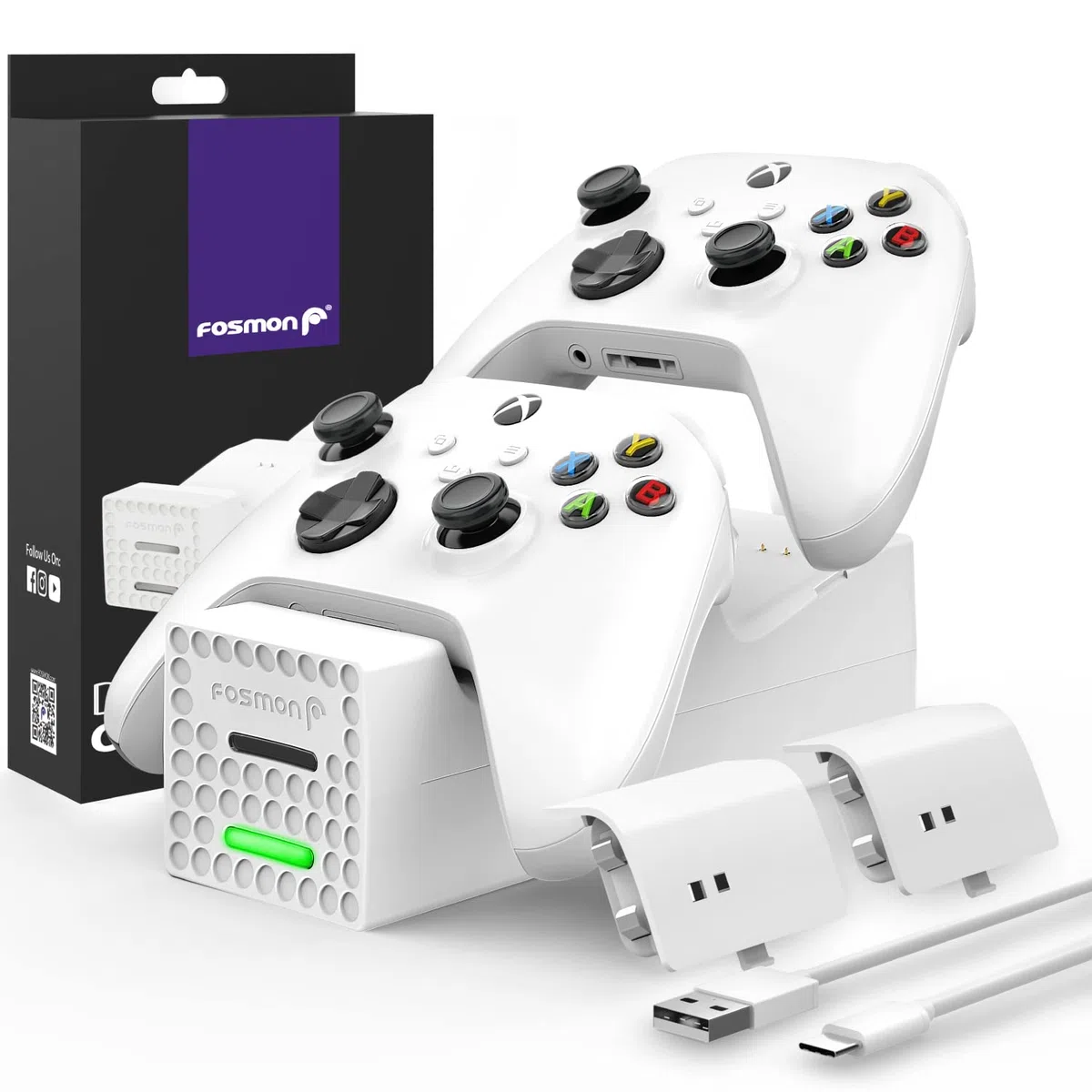 Fosmon Dual Stazione di Ricarica Compatible con Controller Xbox Series X/S 2020 (Non per Xbox One / 360), (Dual Slot) Caricabatteria Docking Station e 2X Batteria Ricaricabile - Bianca