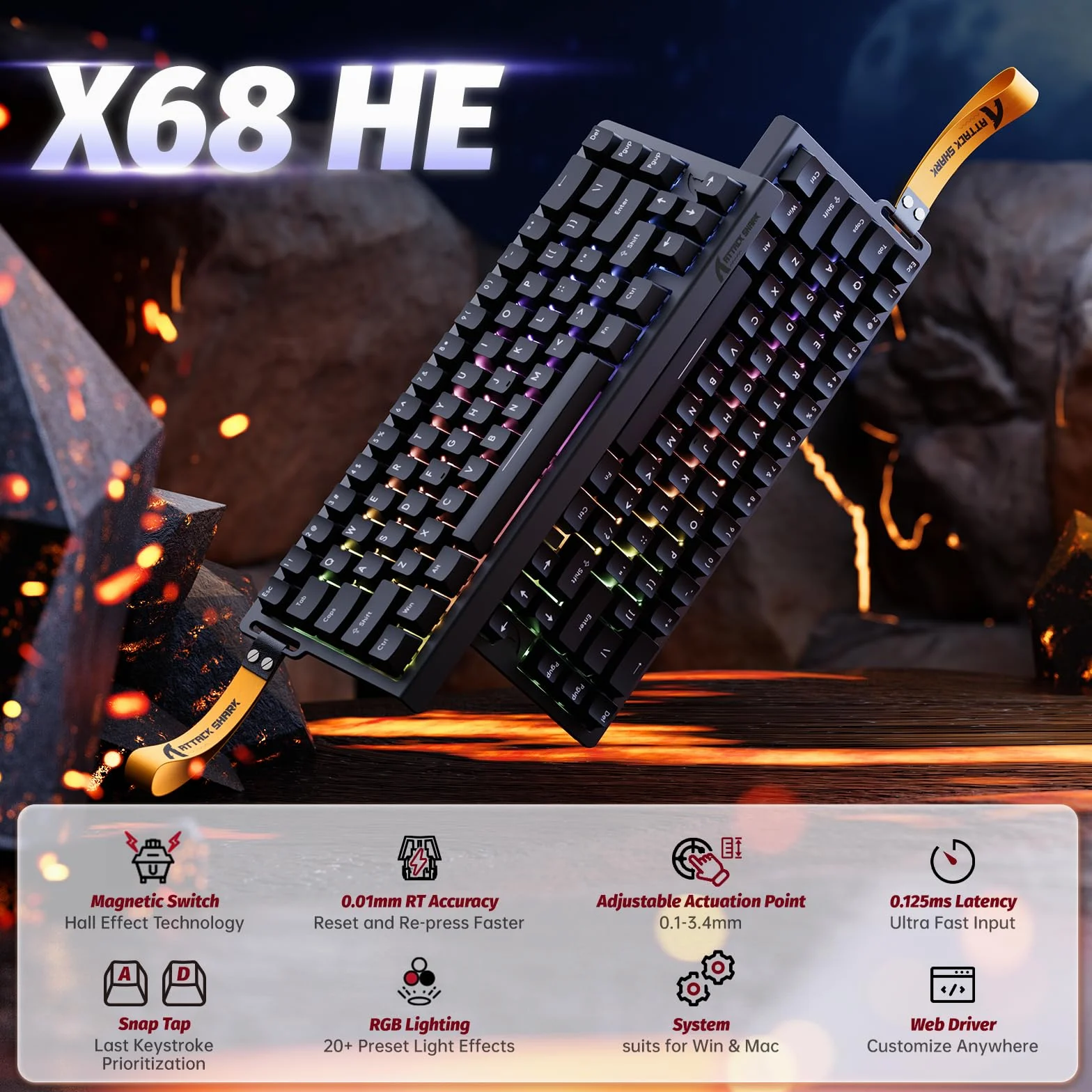 ATTACK SHARK X68 HE Tastiera Gaming 60% Cablata Rapid Trigger 8000Hz Switch Magnetici Attuazione Regolabile Snap Tap Nero