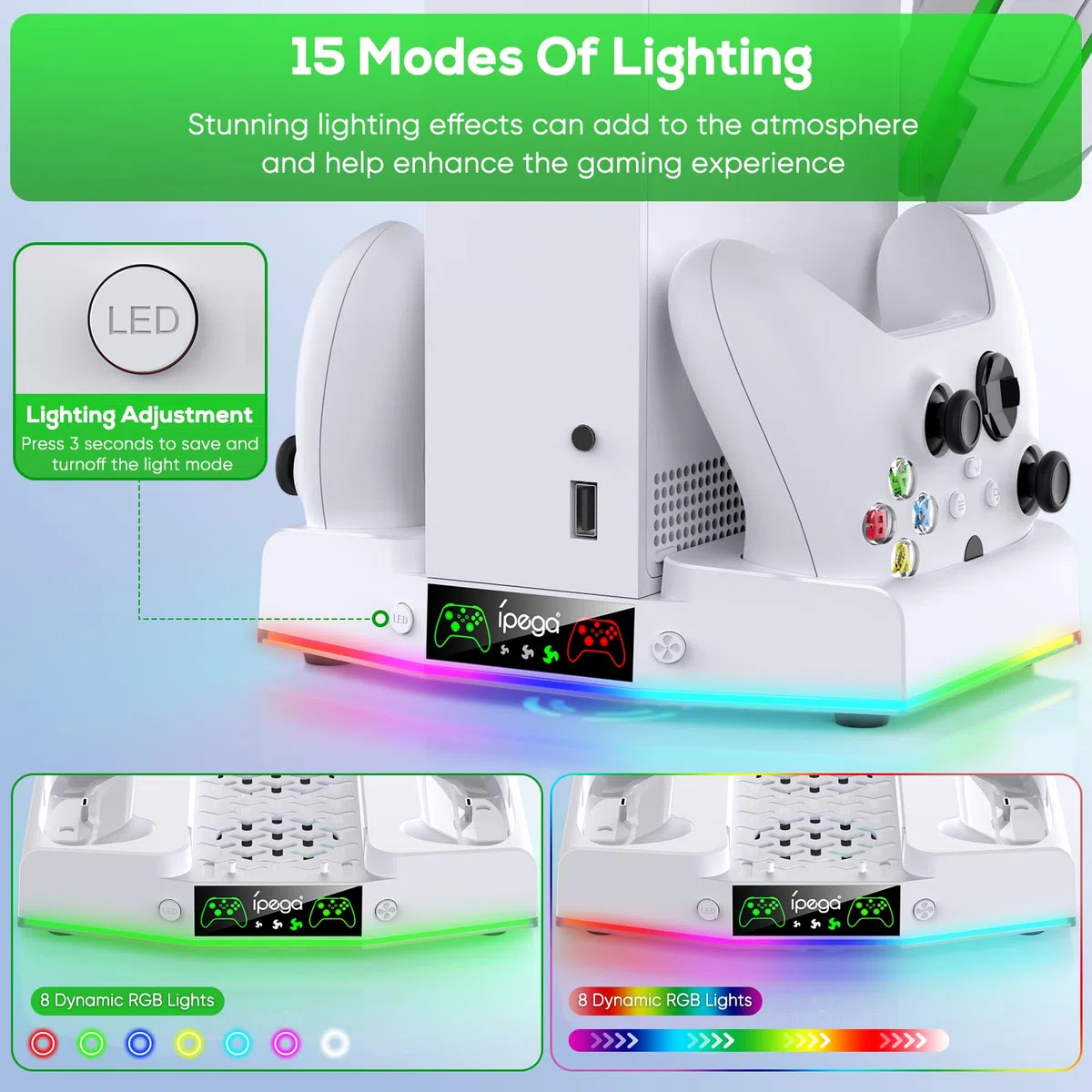 FYOUNG stazione di ricarica Xbox Series S verticale con 15 luci RGB, raffreddamento ventilato, 2 batterie ricaricabili