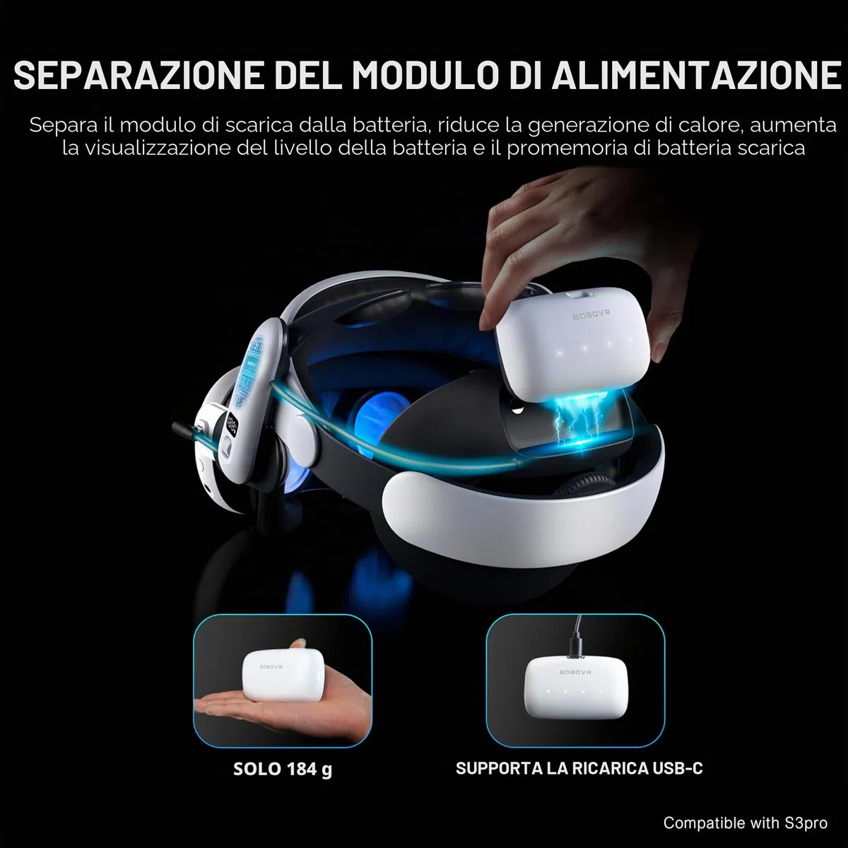 BOBOVR B100 Batteria per S3 Pro 10000mAh Hot-Swap Accessori Connettori Magnetici Doppia Alimentazione