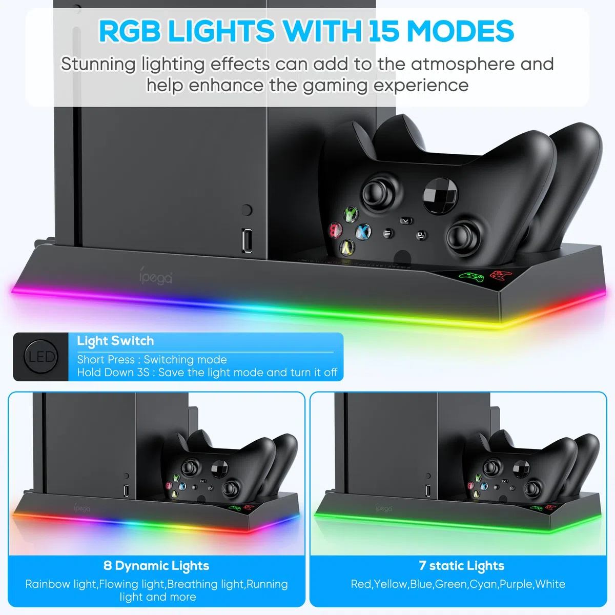 FASTSNAIL Supporto LED RGB per Xbox Series X, controller stazione di ricarica con 2 batterie da 1400 mAh, ventola di raffreddamento e accessori