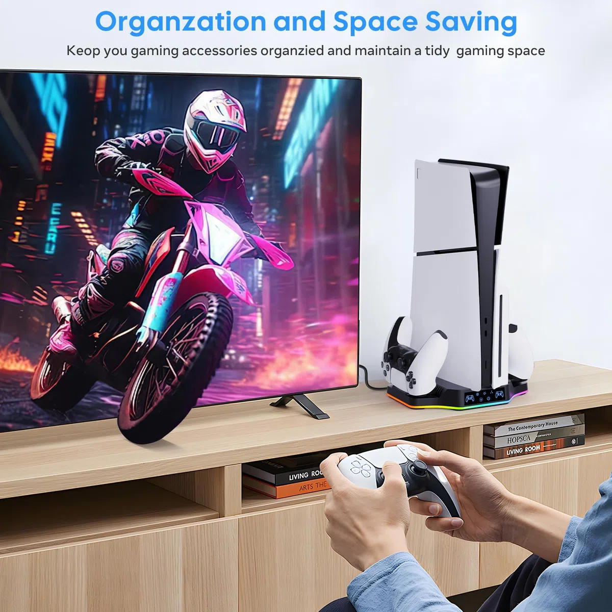 Supporto PS5 Slim con Ventola di Raffreddamento Compatibile con Playstation 5 Slim Console Disc & Digital, Stazione Ricarica Controller per PS5 e Edge, Accessori Base PS5 Slim con Luce RGB