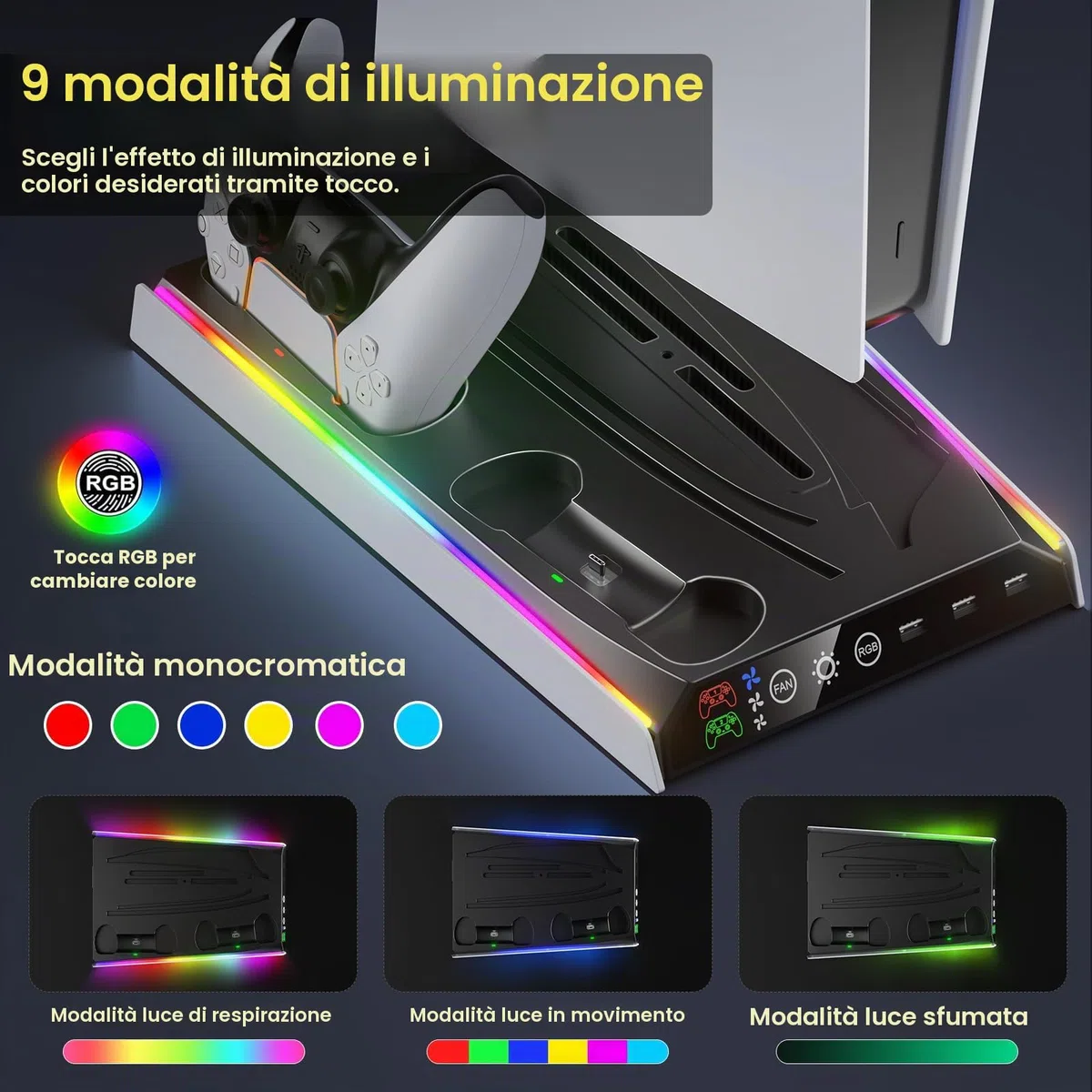 Fenolical Supporto PS5/Slim/Pro con Ventola di Raffreddamento Regolabile, Supporto Verticale per Caricabatterie PS5/Slim/Pro, Stazione di Raffreddamento Multifunzionale PS5 Slim con Caricabatterie
