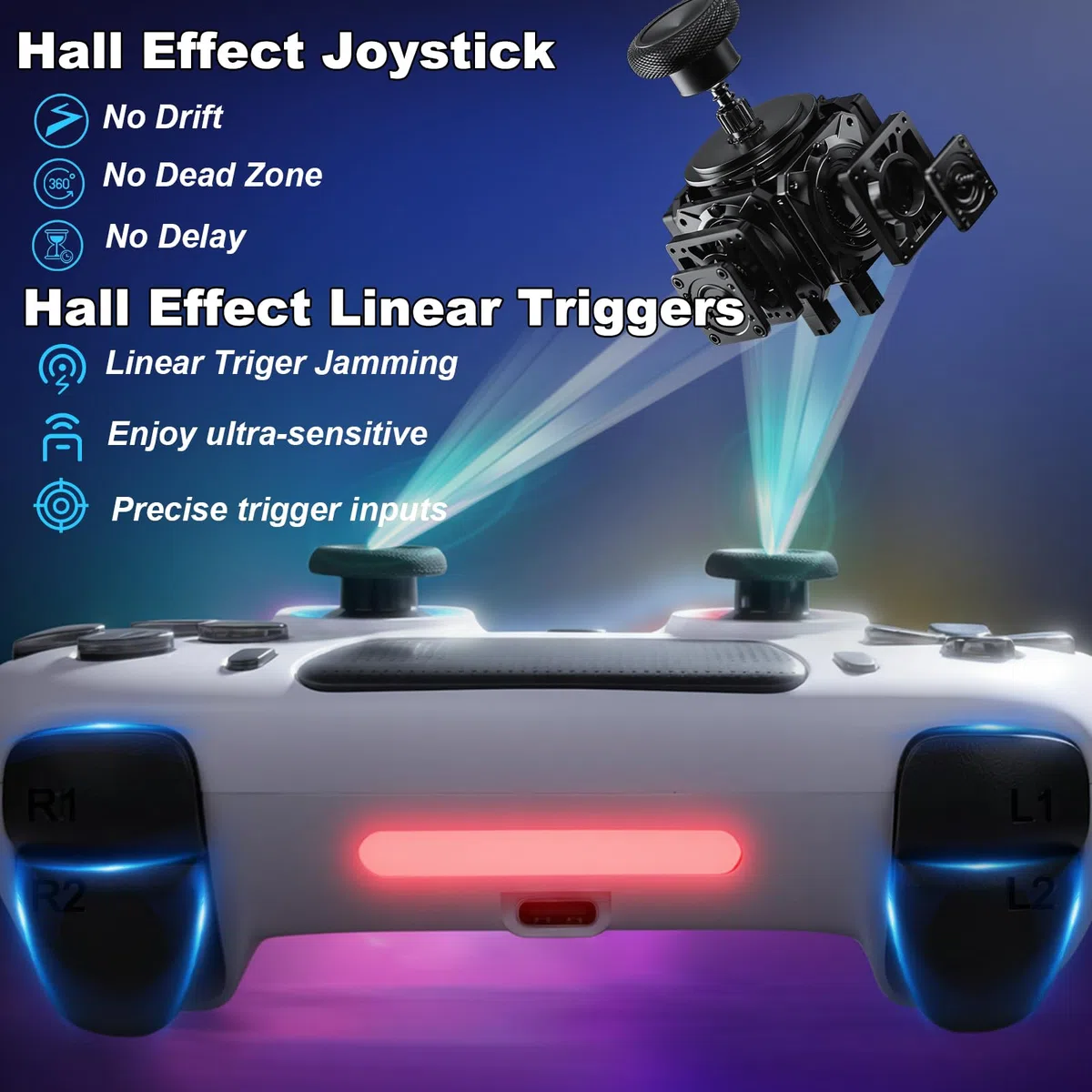 Kontroler Bezprzewodowy DuLingKer z Efektem Halla dla PS4/Pro/Slim, Joystick z RGB i Wibracjami