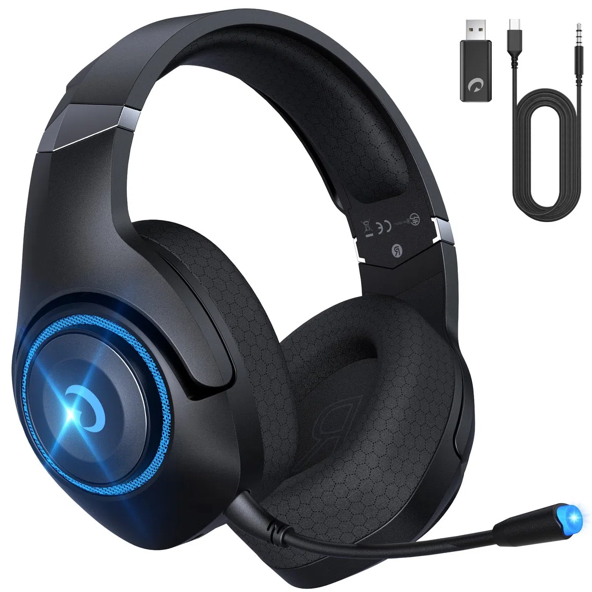 Cuffie Gaming Wireless 2,4 GHz per PC, PS4, PS5, Mac, Switch - Bluetooth 5.2 Con Microfono Staccabile, Jack Audio 3.5 mm - Nero