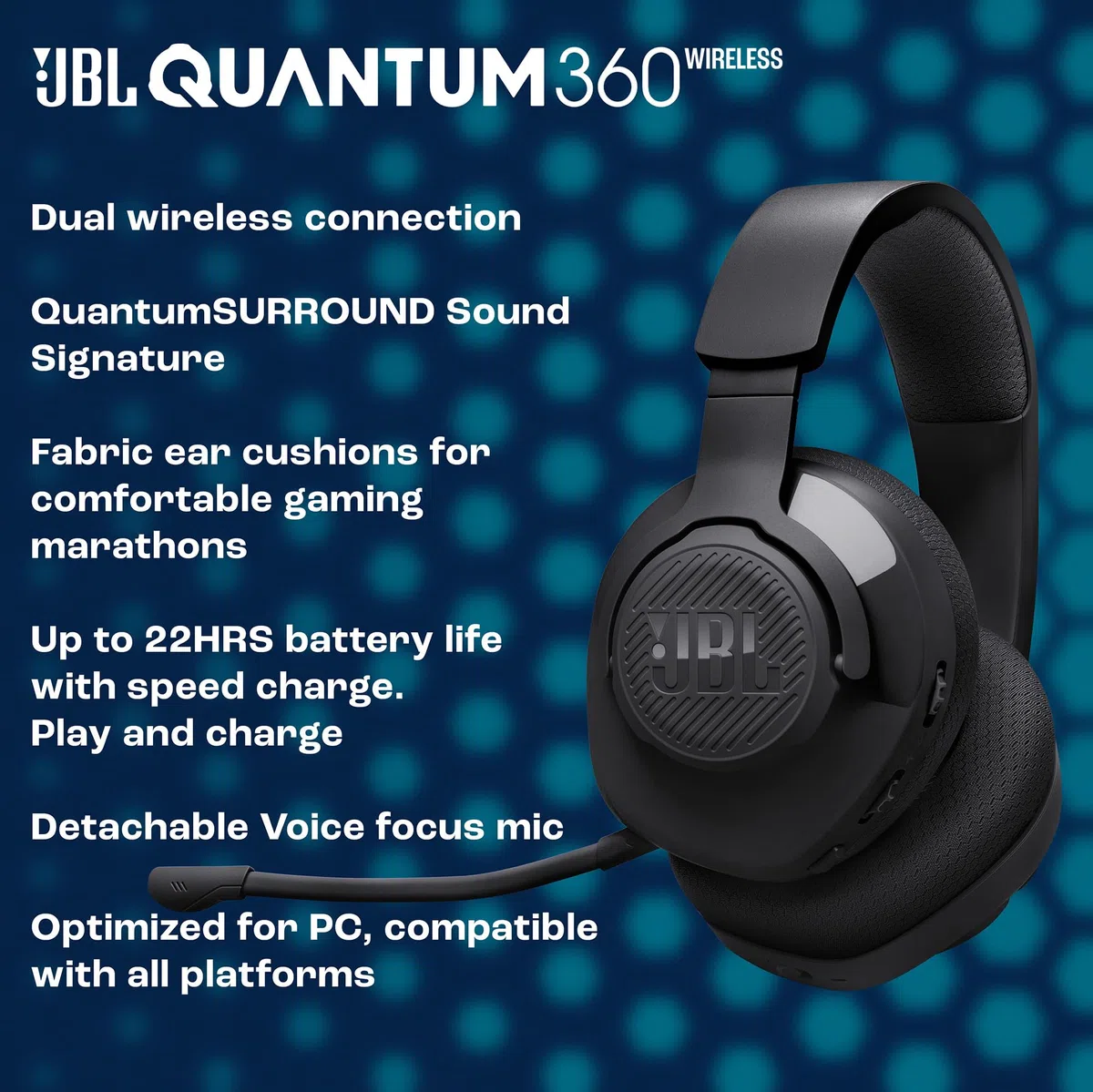 JBL Quantum 360 Cuffie Gaming Wireless Over Ear, 2.4GHz/Bluetooth, 22 ore Autonomia, Microfono Rimovibile, Nero