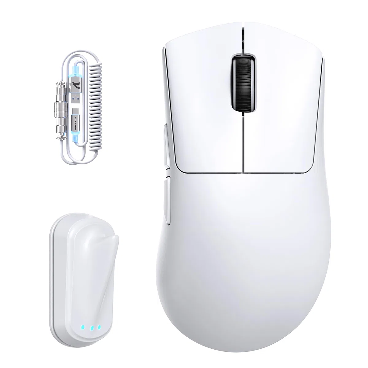 ATTACK SHARK V8 Mouse da Gioco Wireless con Cavo a Spirale LED, Nordic 54L15 Chip, PAW3950MAX, 42000DPI, Dual 8000Hz, 59g Ultraleggero, Design Dongle Pinna di Squalo, 2.4Ghz/BT/Cablato per PC, Bianco