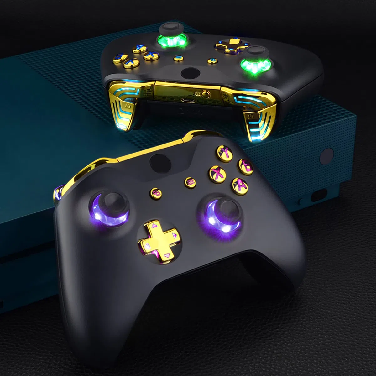eXtremeRate Multicolori Tasti Luminosi DTFS LED Kit per Xbox One S X Controller Joystick Model 1708 D-pad Levette Analogiche Bumper Trigger Pulsante ABXY(NON Include Controller)-Oro Cromo