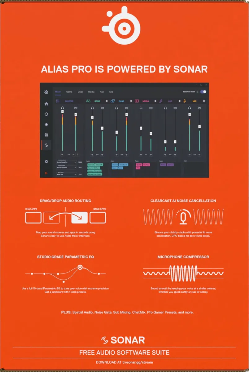 SteelSeries Alias Pro Kit - Microfono XLR + Stream Mixer - Capsula 3x più grande per il gioco, lo streaming e il podcasting - Interfaccia USB/XLR - Controlli personalizzati - RGB - PC singolo o doppio