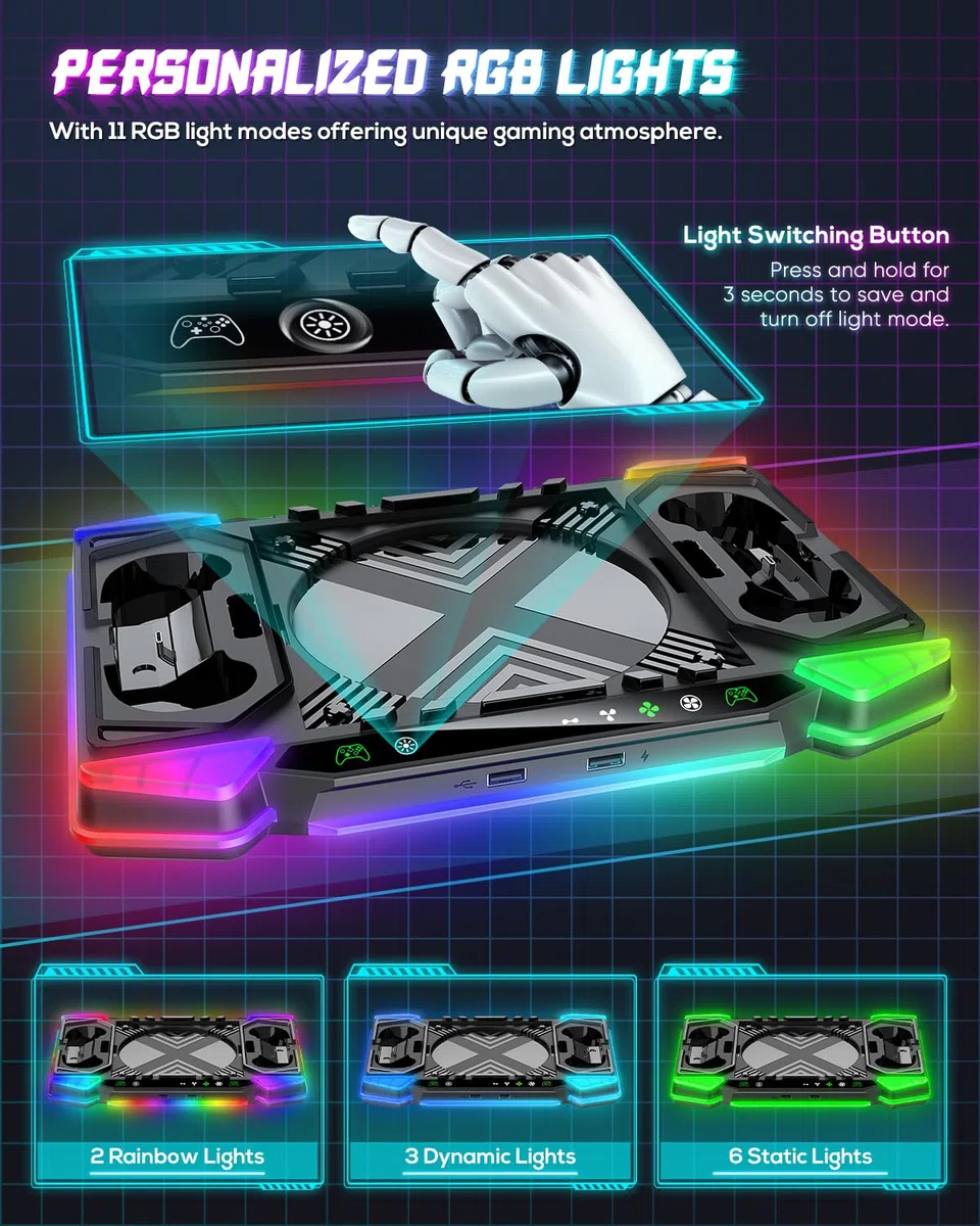 Stazione di Caricamento e Ventola di Raffreddamento per Xbox Series X con 11 Illuminazione RGB, 2x1400 mAh Batterie Ricaricabili e Supporto