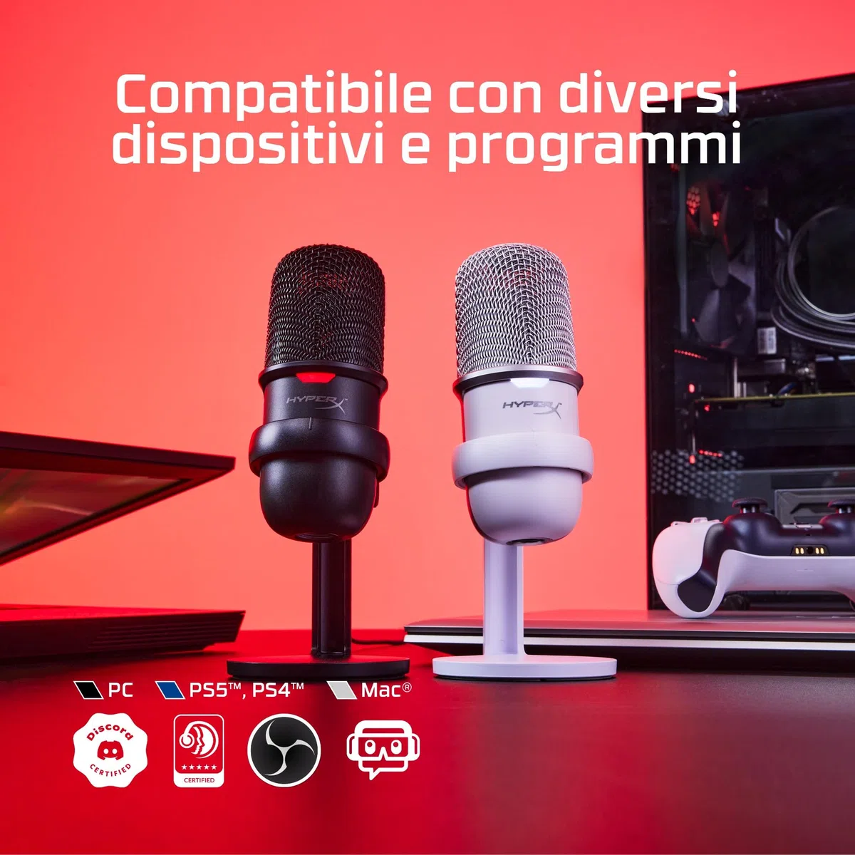HyperX Solocast, Microfono da gaming, USB a condensatore, Sensore Tap-To-Mute, Registrazione 24bit/96 kHz, per Gaming, Streaming, Podcast, Twitch, Youtube, Compatibile con PC/PS5/PS4, USB-C, Nero