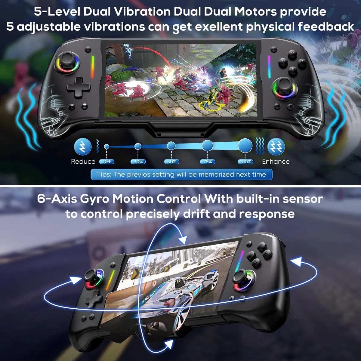 Controller per Nintendo Switch/OLED, RGB Monoblocco Joypad per Joy-Con con TURBO Regolabile, Dual Motor Vibration, Pro Controller per Gaming