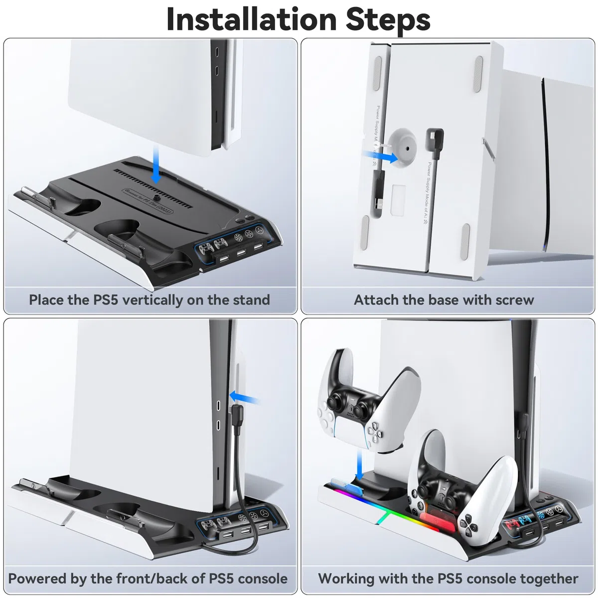 Supporto PS5 Slim con Ventola di Raffreddamento, Staffa per PS5, Base Ricarica Controller PS5, PS5 Accessori per PS5 Slim/P5 Digital Edition e Disc Edition